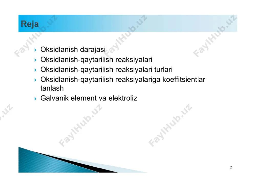 aradi:  9 cl+5+6ē→cl-1 6 2 ox 2o-2-4ē→o2 0 4 3 red  molekulalararo disproporsiyalanish reaksiyasida oksidlovchi va qaytaruvchi ikkita alohida modda bo‘lsa ham, ikkalasi bir xil element hisoblanadi:  2h2s-2 + s+4o2 = 3s0 + 2h2o 10 s-2-2ē→s0 2 2 red s+4+4ē→s0 4 1 ox  ichki molekulyar disproporsiyalanish reaksiyasida bitta molekula tarkibidagi element bir xil oksidlanish darajasidan ham oksidlanadi ham qaytariladi:  3h2mn+6o4=2hmn+7o4+mn+4o2+2h2o 11 mn+6-ē→mn+7 1 2 red mn+6+2ē→mn+4 2 1 ox  sinproporsiyalanish reaksiyasida bitta molekula tarkibidagi bir xil element turli oksidlanish darajasidan bitta oksidlanish darajasiga o‘tadi.  n-3h4n+3o2 ° n2 0+2h2o 12 n-3-3ē→n0 3 1 red n+3+3ē→n0 3 1 ox  qaytaruvchi bergan elektronlar soni oksidlovchi qabul qilgan elektronlar soniga teng.  2 xil usulda koeffitsiyentlar tanlanadi.  1) elektron – balans usuli;  2) yarim reaksiyalar (ion – elektron usul). 13  elektron- balans usulida quyidagicha tenglashtiriladi:  oksidlanish darajasi o‘zgargan elementlar aniqlanib, sxema tuziladi …