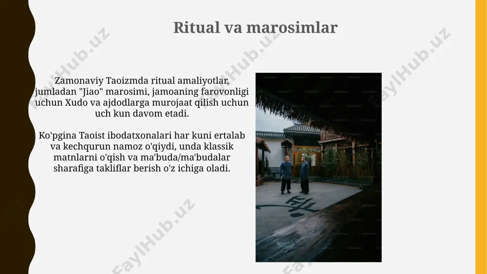 iga oladi. taosizmning quanzhen maktabi, 12-asrda asos solingan, monastir hayotiga urg'u beradi va ichki alkimyo amaliyotlariga, ayniqsa 7 ta kamolga katta e'tibor qaratadi. kelajak istiqbollari sun'iy intellekt va robototexnikaning rivojlanishi insoniyat va texnologiya o'rtasidagi munosabatlar masalasini ko'taradi, daoizmning muvozanat tamoyillari bu borada muhim yo'nalish beradi, 2040-yilga kelib. ekologik muammolarning kuchayishi daoizmning tabiat bilan uyg'unlik g'oyalarini yanada dolzarb qiladi, natijada bu falsafiy yo'nalishga qiziqish 2030-yilga borib sezilarli darajada oshishi mumkin. kirish: taoizmga zamonaviy nuqtai nazar taoizmning amaliyoti, masalan, tay chi va szin gong kabi 24 dan ortiq shakllari jismoniy va ruhiy salomatlikni yaxshilash uchun mashhurdir. 21-asrda taoizm atrof-muhitni muhofaza qilish va barqarorlikka qaratilgan 10 ga yaqin harakatga ilhom berdi, bu yin va yang g'oyasini targ'ib qiladi. g'arbdagi taoizm gʻarbdagi taoizm koʻpincha xitoy taoizm diniy institutlaridan alohida, shaxsiy amaliyotlarga eʼtibor qaratadi va koʻpincha 81-boblik tao te ching falsafasiga asoslanadi. gʻarbda taoizmning mashhurligi oshib bormoqda, koʻplab odamlar hayotda muvozanat va uygʻunlikni topish uchun …