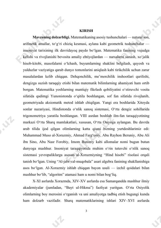 davrda bir nechta ilmiy maktablar shakllandi: ehtimolliklar nazariyasi (v.i. romanovskiy, t.a. sarimsoqov, s.h. sirojiddinov), differensial tenglamalar nazariyasi (i.s. arjanix, m.s. salohiddinov, n.yu. satimov), matematik analiz (t.a. sarimsoqov, j. hojiyev), hisoblash matematikasi (v. qobulov, f.n. salihov), sonlar nazariyasi (n.p. romanov), matematika tarixi (s.h. sirojiddinov) va boshqalar. bugungi kunda matematikaning amaliy ahamiyati hech kimda shubha tug‘dirmaydi. tabiat va jamiyat hodisalarini o‘rganishda eng muhim vositalardan biri — matematik modellashtirish bo‘lib, u noma’lumlarni aniqlash, hodisalarni bashorat qilish, optimal yechimlar topishda yordam beradi. yosh avlodni har tomonlama yetuk qilib tarbiyalashda matematika alohida o‘rin tutadi. tahliliy fikrlash, mantiqiy mushohada, fazoviy tasavvur, abstrakt tafakkur kabi qobiliyatlar aynan matematikani o‘rganish jarayonida shakllanadi va chuqurlashadi. shu boisdan ham vatanimizda matematika faniga alohida e’tibor qaratilmoqda. 2022-yil 28-yanvarda o‘zbekiston respublikasi prezidenti sh.m. mirziyoyev tomonidan imzolangan “2022–2026-yillarda yangi o‘zbekistonning taraqqiyot strategiyasi to‘g‘risida”gi pf-60-sonli farmonda aniq fanlarni chuqur o‘qitish, xususan matematika bo‘yicha iqtidorli yoshlarni qo‘llab-quvvatlash, olimpiadalarga tayyorlash, zamonaviy o‘quv-uslubiy bazani yaratish muhim vazifalardan …