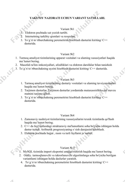 yakuniy nazorati uchun variant savollari — DOCX