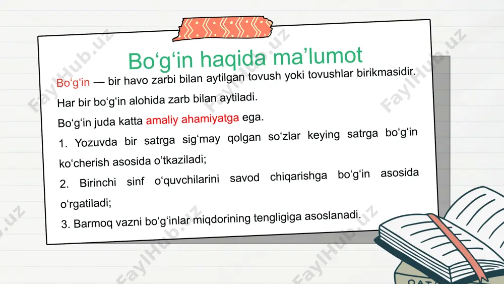 if qilganda ularni bir-biridan farqlantiruvchi belgilar farqlovchi (differensial) belgilar hisoblansa, shu tovushlar uchun umumiy belgilar esa birlashtiruvchi (integral) belgilar sanaladi: b va p tovushlari uchun lablar ishtirokida hosil bo‘lish va portlovchilik belgilari birlashtiruvchi belgilar sanalsa, jarangli-jarangsizlik belgisi farqlovchi belgidir. fonemalarning turlari fonemalar quyidagi xususiyatlariga ko‘ra ikkita guruhga bo‘linadi: № unli fonemalar undosh fonemalar 1. unli fonemalar hosil bo‘lishida o‘pkadan chiqayotgan havo og‘iz bo‘shlig‘ida hеch qanday to‘siqqa uchramasdan o‘tadi. undosh fonemalarni hosil qilishda o‘pkadan chiqayotgan havo og‘iz bo‘shlig‘ida turli to‘siqlarga uchraydi va buning natijasida shovqin hosil bo‘ladi. 2. unlilarni cho‘zib talaffuz qilish mumkin. undoshlarni cho‘zib talaffuz qilib bo‘lmaydi 3. unlilar talaffuzida un paychalari albatta titraydi. undoshlar talaffuzida un paychalari titrashi ham (jarangli va sonorlarda), titramasligi ham (jarangsizlarda) mumkin. 4. unlilar bo‘g‘in hosil qila oladi: a-ka, o-i-la, mu-do- fa-a. undoshlar bo‘g‘in hosil qilib bilmaydi, ular bo‘g‘in tarkibida kelishi mumkin. fonemalar quyidagi xususiyatlariga ko‘ra ikkita guruhga bo‘linadi: № unli fonemalar undosh fonemalar 1. …