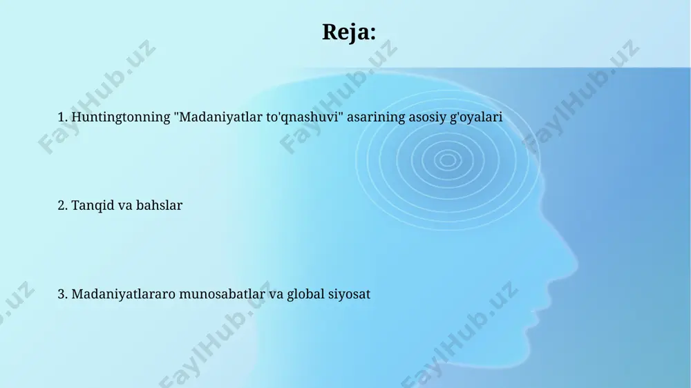 iyosiy beqarorligi, korruptsiya va giyohvand moddalar savdosi bilan bog'liq muammolar mintaqaning global siyosatdagi rolini cheklaydi, masalan, kolumbiya va meksika kabi davlatlarga ta'sir ko'rsatadi. asarning asosiy g'oyasi va gipotezasi huntingtonning asosiy gipotezasi 21-asrda global siyosatda 7 ta yirik tsivilizatsiya (g'arb, islom, konfutsiy, hind, slavyan-pravoslav, yapon, lotin amerikasi) o'rtasidagi to'qnashuvlar kuchayishini bashorat qiladi. huntingtonning asosiy g'oyasi global siyosatdagi asosiy bo'linish liniyasi ideologiyalar yoki iqtisodiy tizimlar emas, balki madaniy va diniy farqlar bo'lishini ta'kidlaydi, bu esa, masalan, sovuq urushdan keyingi dunyoda yangi geosiyosiy tartibning shakllanishiga olib keladi. dinning roli va uning ta'siri huntingtonning "madaniyatlar to'qnashuvi" asarida 7 ta asosiy madaniyat mintaqasi, jumladan, g'arb, islom va xitoy madaniyatlari ta'kidlanib, ular o'rtasidagi geosiyosiy raqobat va to'qnashuvlar tahlil qilinadi. huntingtonning nazariyasi 9/11 terroristik hujumidan keyin keng muhokama qilingan va aqshning yaqin sharqdagi siyosatiga, xususan, 3000 dan ortiq insonning halok bo'lishiga olib kelgan voqealardan keyingi harakatlarga ta'sir ko'rsatgan. xantintgtonning sivilizatsiyalar tasnifi huntington 8 ta asosiy sivilizatsiyani – …