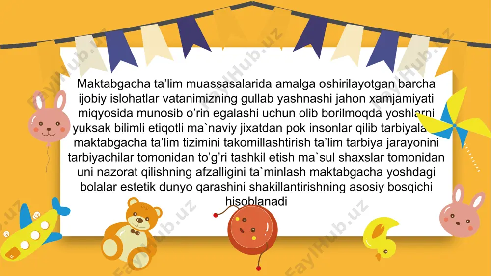 asb etadi. 5 u bolaning fikirlash qobilyatini ko’rish xotirasini, ijodiy tasavvurini, badiiy didini, idrokini, estetik hisyotini o’stiradi. maktabgacha ta’lim yo’nalishida o’qitiladigan tasviriy faoliyatning har bir turi; narsaning o’ziga qarab rasmini chizish, dekorativ rasm chizish, mavzu asosida rasm chizish, applikatsiya ishlari, plastilin va loy bilan ishlash qurish-yasash ishlari bolalarning ijodiy qobilyatining o’sishiga estetik dunyoqarashining shakilanishiga yordam beradi, ya’ni shaxsni har tomonlama komol toptiradi va rivojlantiradi. tasviriy faoliyat mashg’ulotlarida maktabgacha yoshdagi bolalar turli tasavvurlarni idrok qiladilar, borliq tevarak atrofdagi narsa va voqeylikni tasviriy san’at asarlarini idrok etish jarayonida shakilanadi. tasviriy faoliyatdagi tasavvur va idrok etishning sensor rivojlanishi ko’rish his etishni tashkil etadi. idrok etishning o’sishi ularning estetik his tuyg’ularining rivojlanishida katta ro’l o’ynaydi. ular quyidagicha: rangni,ketma-ketlikni, shakilni, katta va kichiklikni tasviriy san’atning asosiy negizi bo’lgan kompozitsiyani his etishni o’rganib oladilar va farqlaydilar. 7 bolalarning tasviriy faoliyatini tashkil qilish bilan bir qatorda, ularning badiiy asarlarni idrok etishlarini rivojlantirish muhimdir. tasavvur va idrok etishda …