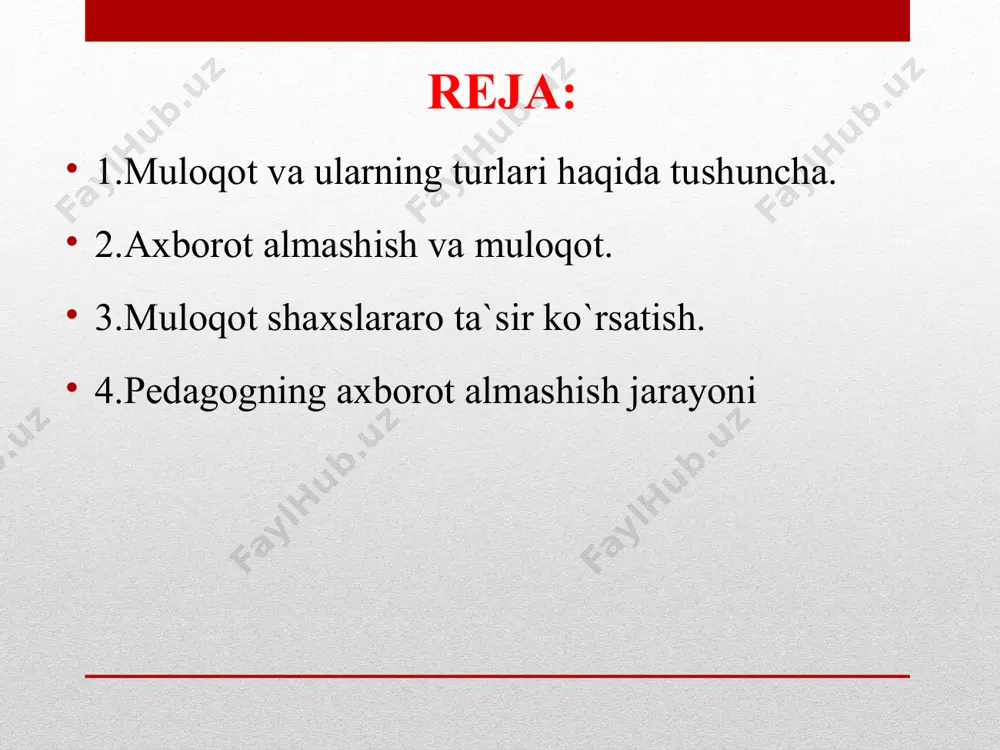 a’lumotlar o`zatishni,fikrlar almashinuvi kabi murakkab hamkorlikni talab qiladi. shuning uchun ham har bir shaxsning jamiyatda tutgan o`rni, ishlarining muvoffaqiyati, obro`si uning muloqotga kirish qobilyati bilan bevosita bog`liq. muloqot murakkab jarayondir. uning tuzilishi quyidagicha: interaktiv kommunikativ perseptiv muloqotning kommunikativ tomoni muloqot ishtirokchilari o'rtasidagi axborot almashinuvidan iborat interaktiv jihati muloqot ishtirokchilarining o'zaro ta’sirlashuvidan iborat perseptiv tomoni esa muloqot ishtirokchilarining muloqot jarayonida bir-birini idrok etishi va bilishidan iborat. muloqotning kommunikativ tomoni ― shaxslararo axborotlar, bilimlar g`oyalar, fikrlar almashinuvi. bu jarayonning asosiy vositasi ― bu til. yozma-ogzaki, monologik-dialogik nutq. dialogik nutqning mazmuni, xarakteri, davomiyligi muloqotga kirishgan shaxslarning shaxsiy qarashlariga, qizikishlariga, bir-birlariga bulgan munosabatlariga,maqsadlariga bevosita bogliq bo`ladi. o`qituvchi-o`quvchi, siyosiy rahbarlarning, diplomatlarning, dugonalarning suhbati bir-biridan farq qiladi. monologik nutq bir kishining boshqa kishiga murojaati― fikrlarning mantiqan tugal bo`lishi, grammatik qonun-qoidalarga rioya qilish kerak. odamlarning muloqot jarayonida so`zlardan tashqari turli xil harakatlardan, qiliqlardan, holatlardan, kulgu, ohanglardan ham foydalanadilar. mimika, ko`z qarashlar, to`xtashlar ifodalari va hokazo. birgalikdagi faoliyat …