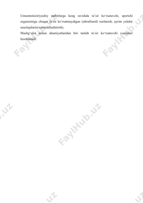 ni yechadi, so‘ngra unga texnik va taktik yo‘nalishidagi katta vazifalarni kiritadi. boshqa ketma-ketlik unchalik samarali emas, chunki jismoniy tayyorgarlikning sezilarli darajada oshishi, ko‘payishi musobaqali mashqlar xususiyatlarining o‘zgarishini talab qiladi, bu esa bo‘lajak texnik tayyorgarlikni qisman bo‘lsada qadrini yo‘qotadi. musobaqa davri (musobaqadan oldingi bosqichni ham hisobga olgan holda) sport formasini rejalashtirilgan sport natijalariga erishish maqsadida tiklash tufayli yuqori musobaqa imkoniyatini yaratishni ta’minlashi lozim. buni amalda qo‘llash o‘ziga yarasha, ya’ni sportchi holatini musobaqalar ta’sirida nazorat qilish kabi murakkabliklarga ega. qo‘shimcha qiyinchiliklar ko‘pincha bir qancha sport turlari bo‘yicha musobaqalar taqvimining cho‘zilishiga olib keladi hamda bir necha oy davomida musobaqa imkoniyatini yuqori bosqichda ushlab turish zaruratini uyg‘otadi. o‘tish davri musobaqa yuklamasi o‘zgarishining yo‘nalishi, maxsus tayyorgarlik vositalarining qisqarishi, faol dam olish bilan bog‘liq. shu tufayli keyingi makrotsiklda avvaliga musobaqa imkoniyatining alohida komponentlarini oshirish mumkin, keyin esa sport formasiga erishishi orqali uni yuqori bosqichga olib chiqishi mumkin. bundan kelib chiqadiki, o‘tish davrini sport mashg‘ulotiga kiritish makrotsiklini …