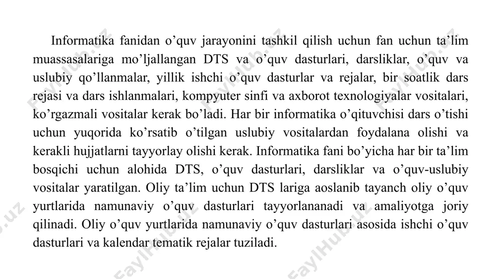 ing interaktiv (interfaol) metodlari o’quvchilarning mustaqil fikrlashlarini rivojlantirishda juda katta ahamiyatga ega. interaktiv so’zi inglizcha «interact» so’zidan olingan bo’lib, «inter»-o’zaro, «act»-ish ko’rmoq, ishlamoq degan ma’nolarni anglatadi. interaktiv o’qitish muloqotli o’qitish bo’lib, jarayonning borishida o’qituvchi va o’quvchi orasida o’zaro ta’sir amalga oshiriladi. interaktiv o’qitishda o’quv jarayonida barcha o’quvchilar bilish jarayoniga jalb qilingan bo’lib, erkin fikrlash, tahlil qilish va mantiqiy fikr yuritish imkoniyatlariga ega bo’ladilar. o’qitishning interaktiv metodlariga venn diagrammasi, klasterlar, insert texnologiyasi, t-sxema, katta aylana, aqliy hujum, chigal mantiqiy zanjirlar, bbb metodi, rolli o’yinlar, besh minutlik esse kabi metodlarni misol qilish mumkin. 2. informatikani o’qitishda foydalaniladigan o‘quv-metodik va dasturiy ta’minoti ta’lim muassasalarda o’qitiladigan har bir predmet o’zining didaktik tizimiga ega bo’lib, o’rganilayotgan fan eng zaruriy didaktik qoidalarni hisobga oladi ya’ni noma’lumdan ma’lumga, yengildan murakkabga tomon o’rganilib boriladi. didaktik tizim bu har bir o’quvchining bilish faoliyatini boshqarish metodikasi va vositalarning majmuasidir. informatika o’qitishda quyidagi didaktik tizimlardan foydalanish mumkin: • guruhni an’anaviy texnik …