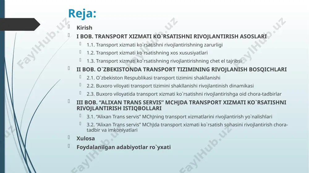 , tranzit avtomobil hamda temir yo`l transportidan mamalakatimiz iqtisodiyotga aniq darajada foyda keladi. ta`kidlash kerakki, “rivojlangan mamlakatning yo`li yaxshi bo`lmaydi, aksincha, yo`li yahshi mamlakat rivojlangan bo`ladi” bu iboraning zamirida mamlakat ijtimoiy-iqtisodiy rivojlanishining belgilab beruvchi asoslardan biri transport tizimlari ekanligini tushinib olish qiyin emas. tadqiqot ob`ekti va predmeti. mazkur tadqiqot ishining ob`ekti sifatida buxoro viloyati transport tizimi tanlangan. tadqiqotning predmeti esa viloyatda transporti xizmati ko`rsatish tizimlarining shakllanishi va rivojlanish xususiyatlari o`rganish xizmat qiladi. bmining maqsadi va vazifasi. mazkur ishning asosiy maqsadi buxoro viloyati misolida transport xizmatlari ko`rsatishni tahlil qilish asosida uning hududiy tashkil qilish va takomillashtirishga qaratilgan ilmiy va amaliy tavsiyalarni ishlab chiqishdan iborat. tadqiqot vazifalari. qo`yilgan maqsadga erishish uchun quyidagi vazifalar belgilab olingan: transportning milliy va mintaqaviy iqtisodiyotdagi o`rnini bozor munosabatlari sharoitida tadqiq qilish; transportni iqtisodiy va ijtimoiy infratuzilmasini tadqiqot obyekti sifatida o`rganish; buxoro viloyati transport xizmatlari ko`rsatishni tashkil etish va uni rivojlantirish uchun mavjud imkoniyatlarni tahlil qilish va baholash; …