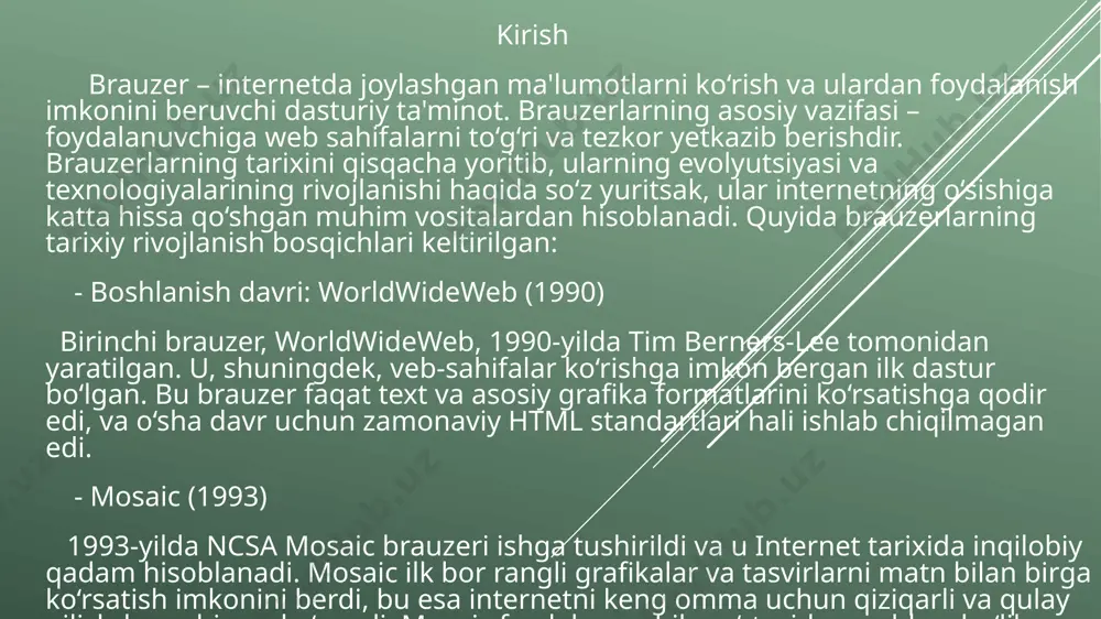 r browser: foydalanuvchi anonimligini ta'minlash uchun internetni yashirin tarmoq orqali o‘tkazadi. brave: reklama va kuzatuvlarni bloklash imkoniyatiga ega, foydalanuvchi maʼlumotlarini himoya qiladi. duckduckgo browser: izlashda maxfiylikni taʼminlaydi va kuzatuvchilardan himoya qiladi. - videokonsol va smart-tv brauzerlari bu brauzerlar televizorlar va video o‘yin konsollari kabi qurilmalarda web-kontentni ko‘rish imkonini beradi. ular televizor ekranlariga moslashtirilgan interfeys bilan ishlab chiqilgan. misollar: ps4 web browser: sony playstation 4 uchun mo'ljallangan web-brauzer. smart tv brauzerlari: lg, samsung, va boshqa kompaniyalar o‘z smart-tv qurilmalarida o‘rnatilgan maxsus brauzerlarni taqdim etishadi. brauzerning asosiy xususiyatlari va funksiyalari - tezlik va optimallashtirish brauzer tezligi va optimallashtirish – bu foydalanuvchi tajribasini yaxshilash uchun muhim hisoblangan ikki asosiy omil. brauzerning sahifalarni tez yuklashi va optimallashtirilgan ishlashi foydalanuvchiga qulaylik yaratadi va internetda samarali navigatsiya qilish imkonini beradi. quyida brauzer tezligini oshirish va optimallashtirish usullari keltirilgan. - tezlik brauzerning tezligi – veb-sahifalarni ochish va ularni yuklashda qanchalik tez ishlashini bildiradi. tezlikni oshirish uchun bir …