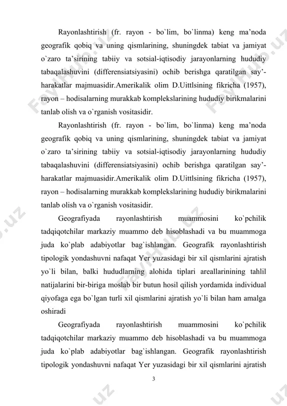 amalga oshiradi amaliy vazifalarga nisbatan esa rayonlashtirishning ikki turi – umumilmiy va amaliy rayonlashtitish turlariga ajratiladi. ammo, ayrim tadqiqotchilarning fikriga ko`ra, har qanday amaliy rayonlashtirish faqat umumilmiy rayonlashtirish asosida amalgam oshiriladi. boshqa tadqiqotchilar esa universal rayonlashtirish yo`q va har qanday rayonlashtirish muayyan maqsad uchun bajariladi, deb hisoblaydilar. a.g.isachenkoning (1990) fikricha, yagona umumilmiy rayonlashtirish amaliy tabiiy-geografik rayonlashtirishning turli variantlarini ishlab chiqish uchun asos bo`lib xizmat qiladi. amaliy tabiiy-geografik rayonlashtirish - iqtisodiyot, madaniyat, sog`liqni saqlashning turli sohalarida rejalashtirish va loyihalashtirishda tabiiy-ilmiy asos bo`lib xizmat qiladigan kompleks tabiiy rayonlashtirishdir (masalan, yo`l qurish, yangi yerlarni o`zlashtirish, yerlarni melioratsiya qilish va b.).tabiat amaliy vazifalarga nisbatan esa rayonlashtirishning ikki turi – umumilmiy va amaliy rayonlashtitish turlariga ajratiladi. ammo, ayrim tadqiqotchilarning fikriga ko`ra, har qanday amaliy rayonlashtirish faqat umumilmiy rayonlashtirish asosida amalgam oshiriladi. boshqa tadqiqotchilar esa universal rayonlashtirish yo`q va har qanday rayonlashtirish muayyan maqsad uchun bajariladi, deb hisoblaydilar. a.g.isachenkoning (1990) fikricha, yagona umumilmiy rayonlashtirish amaliy tabiiy-geografik …