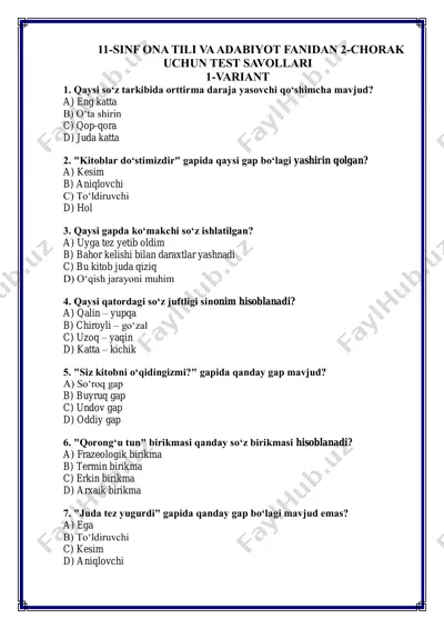 11-sinf ona tili va adabiyot fanidan 2-chorak uchun test savollari — PDF