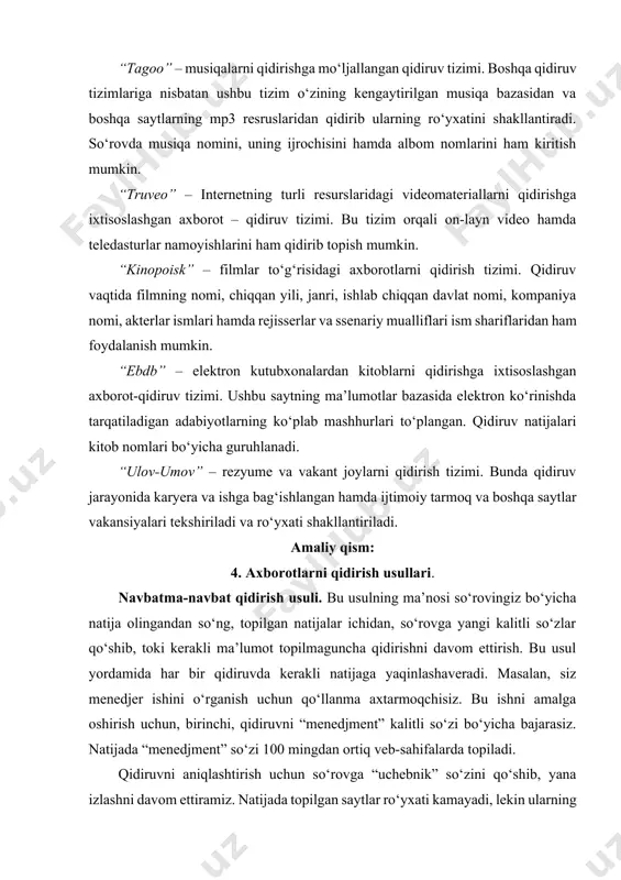 shni amalga oshirish uchun, birinchi, qidiruvni “menedjment” kalitli so‘zi bo‘yicha bajarasiz. natijada “menedjment” so‘zi 100 mingdan ortiq veb-sahifalarda topiladi. qidiruvni aniqlashtirish uchun so‘rovga “uchebnik” so‘zini qo‘shib, yana izlashni davom ettiramiz. natijada topilgan saytlar ro‘yxati kamayadi, lekin ularning ko‘pi internet do‘konlarini ko‘rsatadi, qayerda kitoblar faqat sotiladi. agar siz kitobni sotib olmoqchi bo‘lmasangiz, unda so‘rovga “besplatno” (bepul) kalitli so‘zini qushib, qidiruv mashinani ishga tushiring va natijada internet do‘kon ko‘rsatkichlari ro‘yxatdan tushib qolib, kerakli sahifalar qoladi. endi kitobni internetda o‘tirib o‘qimoqchi bo‘lmasangiz, uni o‘zingizning kompyuteringizga ko‘chirib olish tavsiya etiladi. buni amalga oshirish uchun so‘rovingizga “skachat” so‘zini qo‘shsangiz, natijada menejment haqida bepul ko‘chiriladigan elektron kitoblarning ro‘yxatiga ega bo‘lasiz. aniq so‘rov usuli. agar qidirilayotgan ma’lumotning nomi aniq bo‘lsa, unda so‘rov satriga qo‘shtirnoq belgilari qo‘shiladi. masalan, siz qo‘llanmaning muallifi haqida ma’lumot topmoqchisiz va so‘rov satriga qo‘shtirnoq belgilari yordamida “jalil jalilov” so‘zlarini kiritib, axtarish jarayonini ishga tushirasiz. oddiy ravishda, agar so‘rov qo‘shtirnoq belgilarisiz bo‘lganda, qidiruv mashina “jalil” …