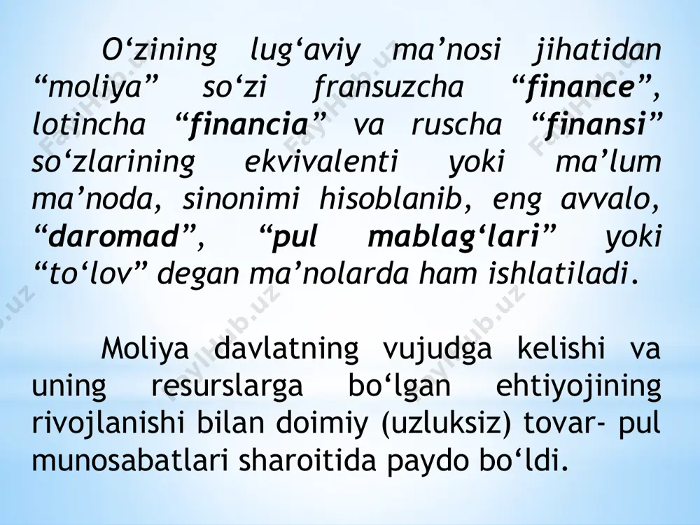 bir vaqtning o‘zida, “moliya” va “moliyaviy resurslar” teng kuchli bo‘lmagan tushunchalar hisoblanadi. moliyaviy resurslar o‘z-o‘zicha moliyaning mohiyatini aniqlab bermaydi, uning ichki mazmuni va ijtimoiy mo‘ljallanganligini ochaolmaydi. moliya fani resurslarning o‘zini emas, balki resurslarni shakllantirish, taqsimlash va foydalanish asosida vujudga keladigan ijtimoiy munosabatlarni o‘rganadi. bu fan moliyaviy munosabatlarning taraqqiyot qonunlarini tadqiq etadi. mustaqil fan sifatida xx asrning 50-yillarida asos solingan. moliya va kredit mustaqil iqtisodiy kategoriyalar sifatida bir-biri bilan uzviy bog‘liqdir. ular hamkorlikda kengaytirilgan asosda korxonalar pul fondlarining doiraviy aylanishiga xizmat qiladi. kredit bank tizimi va maxsus moliya-kredit institutlari tomonidan amalga oshiriladigan ssuda fondining harakatini ifodalaydi. kredit moliyadan (moliyalashtirishdan) o‘zining qaytariluvchanligi va haqliligi bilan farqlanadi. bir vaqtning o‘zida, har ikki holatda ham ular pul mablag‘larining harakatlanishini ifodalaydi hamda kredit va moliya pul munosabatlarining chegarasidan (ramkasidan) chetga chiqmaydi. hatto, tovar krediti ham pul asosiga va shakliga ega. banklar korxonalar va aholining bo‘sh pul mablag‘larini akkumulyatsiya qiladilar va ularni ta’minlanganlik, qaytaruvchanlik, haqlilik va …
