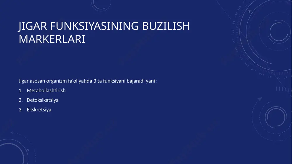 ladi. zardobda albumin kontsentratsiyasini aniqlash ham jigar kasalliklarining ko'rsatkichlaridan biri bo'lishi mumkin. ushbu biokimyoviy tahlillar quyidagi kasalliklar differensiyalashda yordam berishi mumkin: • biliar traktining obstruktsiyasi; • o'tkir gepatosellular zararlanishda; • surunkali jigar kasalliklarida. zardobda umumiy bilirubin konsentratsiyasi va zardob ishqoriy fosfatazasining faolligini aniqlash xolestaz, o`t suyuqligi chiqishi blokadasini ko'rsatadi. bilrubin bilirubin asosan gemoglobinda tarkibida bo'lgan gem almashinuvining yakuniy mahsulotidir. bundan tashqari, gem manbai mioglobin, gem o'z ichiga olgan fermentlar hisoblanadi. retikulo-endotelial tizimda har kuni 450 mmol bilirubin hosil bo'ladi, ularning 80% "eskirgan" eritrotsitlar parchalanishi natijasida hosil bo'ladi va 20% mioglobin, nafas olish zanjirining sitoxromlaridan va qizil suyak iligida eritrotsitlar ajdodlarining parchalanishi natijasida hosil bo'ladi konyugatsiyalanmagan (bog`lanmagan, jigar usti) bilirubin. bilirubin lipofil moddadir, shuning uchun u ekskretsiyadan oldin jigar fermentlari ta`sirida konyugatsiyaga uchraydi. konyugatsiyalanmagan bilirubin plazma oqsillari (asosan albumin) bilan bog'lanib transport qilinadi. ushbu shaklda bilirubin boshqa oqsillarga, masalan, membrana oqsillariga o'tkazilishi mumkin. yangi tug'ilgan chaqaloqlarda bilirubinning darajasini oshib ketishi uning …