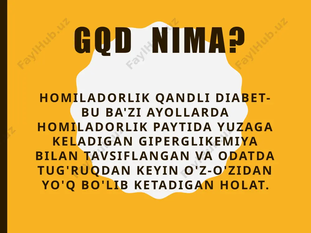 ki semizlik jismoniy faol bo'lmaslik prediabetga ega oldingi homiladorlik paytida homiladorlik qandli diabet bilan kasallangan polikistik tuxumdon sindromi mavjudligi qandli diabet bilan kasallangan yaqin oila a'zosining mavjudligi asoratlari homila abort bo’lishi gestoz; amnion suyuqligining ko’p bo’lishi erta tug'ilish; gipoksiya va intrauterin xomilalik o'lim; xomilalik makrosomiya; o'sishning kechikishi homilaning tug'ilish anamaliyalari qandli diabetda homiladorlik asoratlarining patogenezi homiladorlikning asoratlari paydo bo'lishida qd bilan og'rigan bemorlarda periferik tomirlarning spazmi tufayli mikrosirkulyatsiyaning buzilishi asosiy rol o'ynaydi. gipoksiya rivojlanadi, qon tomir endoteliyasining mahalliy shikastlanishi (yo'ldoshda, buyrakda, jigarda), bu surunkali dvs rivojlanishi bilan gemostazning buzilishiga olib keladi. davolash va oldini olish. dietoterapiyaning asosiy tamoyillari: kundalik ratsionni uglevodlar, yog'lar va oqsillar o'rtasida ajratish kerak - mos ravishda 40%, 40% va 20%. ortiqcha vazn sharoitida kaloriya miqdori 1 kg vazn uchun 25 kkal yoki normal vazn uchun 1 kg uchun 30-35 kkal bo'lishi kerak. davolash va oldini olish. 3) qonda glyukoza miqdorining sezilarli darajada ko'payishini oldini olish uchun …