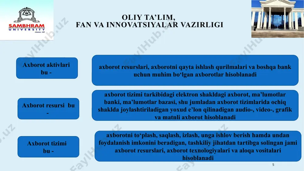 ib qo'yish kabi noqonuniy faoliyatni amalga oshirish uchun kompyuter tarmog'i, internet kabi axborot tizimlari orqali foydalanish" deb ta'riflanishi mumkin. bunda elektron qurilma bo'lgan kompyuter kiber jinoyatlar vositasi sifatida ishlatiladi. kiberjinoyatlarning oqibatlari: 1. moliyaviy yo'qotishlar 2. sabotaj va identifikatsiya qilinadigan ma'lumotlarni o'g'irlash 3. obro'ga ta'sir qilish xavfi 4. maxfiy ma'lumotlarning buzilishi 5. huquqiy oqibatlar 6. operatsion xavflar 14 oliy ta’lim, fan va innovatsiyalar vazirligi moliyaviy jinoyatlar moliyaviy foyda olish maqsadida sodir etilgan har qanday jinoyat “moliyaviy jinoyat” deb ataladi. moliyaviy jinoyatlarga misollar: aldash, kredit kartalaridagi firibgarlik, bank serverlarini buzish va h.k. firibgarlik va aldash: firibgarlik yoki aldash odamni pulidan, mol-mulkidan yoki qonuniy huquqlaridan mahrum qilish yoki aldashga qaratilgan har qanday insofsiz va qasddan qilingan harakatlarga ishora qilishi mumkin. 15 oliy ta’lim, fan va innovatsiyalar vazirligi e’tiboringiz uchun rahmat image4.jpeg image5.jpeg /docprops/thumbnail.jpeg