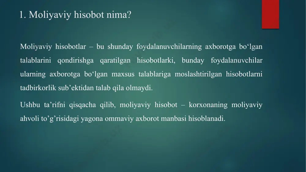 ib chiqarish imkoniyatlarini baholashda foydalidir, hamda foydalanuvchilarga har xil xo‘jalik sub’ektlariga tegishli kelgusi pul oqimlarining joriy (keltirilgan) qiymatini baholash va solishtirish modellarini ishlab chiqish imkonini beradi. moliyaviy hisobotni tuzish va taqdim etish uchun konseptual asoslar o’zbekiston respublikasida moliyaviy hisobotni tuzish va taqdim etish uchun konseptual asoslar o‘zbekiston respublikasi adliya vazirligi tomonidan 1998-yil 14-avgustda 475-son bilan davlat ro‘yxatidan o‘tkazilgan “moliyaviy hisobotni tayyorlash va taqdim etish uchun konseptual asos” nomli huquqiy hujjat orqali bhms lar ishlab chiqiladi. ushbu konseptual asos o‘zbekiston respublikasining “buxgalteriya hisobi to‘g‘risida”gi qonuni asosida ishlab chiqilgan va foydalanuvchilar uchun moliyaviy hisobotni tayyorlash va taqdim etish asosini tashkil etuvchi tushunchalarni belgilab beradi. mazkur konsepsiyaning maqsadi quyidagilarga yordam berishdan iborat: buxgalteriya hisobi va moliyaviy hisobot tizimini tartibga soluvchi davlat organi o‘zbekiston respublikasi moliya vazirligiga — buxgalteriya hisobi milliy standartlarini (keyingi o‘rinlarda bhms) rivojlantirish va ularni qayta ko‘rib chiqishda; moliyaviy hisobotni tayyorlovchi shaxslarga — bhms dan foydalanishda; auditorlarga — moliyaviy hisobotlarni bhms …