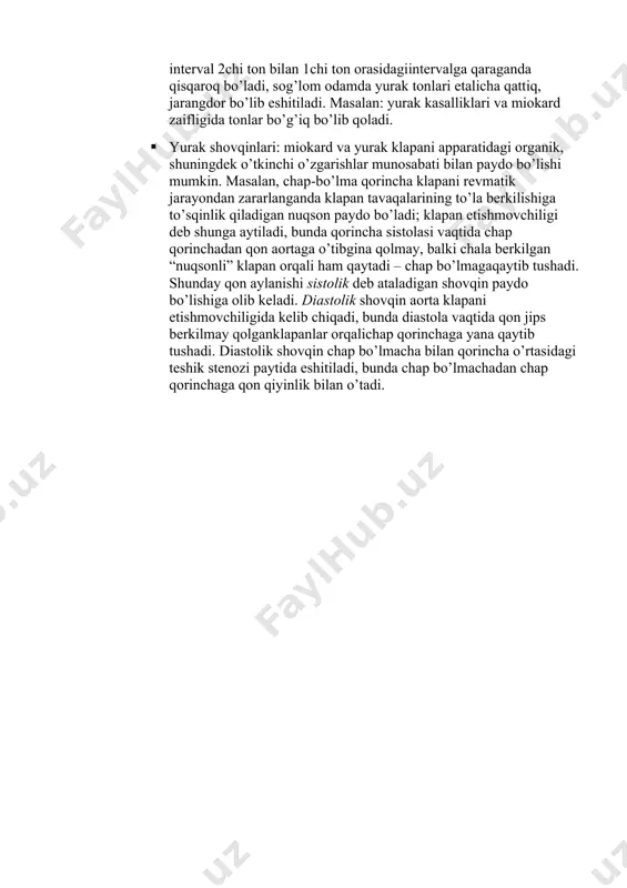 a 1chi va 2chi tonlar tonlar orasidagi interval 2chi ton bilan 1chi ton orasidagiintervalga qaraganda qisqaroq bo’ladi, sog’lom odamda yurak tonlari etalicha qattiq, jarangdor bo’lib eshitiladi. masalan: yurak kasalliklari va miokard zaifligida tonlar bo’g’iq bo’lib qoladi. · yurak shovqinlari: miokard va yurak klapani apparatidagi organik, shuningdek o’tkinchi o’zgarishlar munosabati bilan paydo bo’lishi mumkin. masalan, chap-bo’lma qorincha klapani revmatik jarayondan zararlanganda klapan tavaqalarining to’la berkilishiga to’sqinlik qiladigan nuqson paydo bo’ladi; klapan etishmovchiligi deb shunga aytiladi, bunda qorincha sistolasi vaqtida chap qorinchadan qon aortaga o’tibgina qolmay, balki chala berkilgan “nuqsonli” klapan orqali ham qaytadi – chap bo’lmagaqaytib tushadi. shunday qon aylanishi sistolik deb ataladigan shovqin paydo bo’lishiga olib keladi. diastolik shovqin aorta klapani etishmovchiligida kelib chiqadi, bunda diastola vaqtida qon jips berkilmay qolganklapanlar orqalichap qorinchaga yana qaytib tushadi. diastolik shovqin chap bo’lmacha bilan qorincha o’rtasidagi teshik stenozi paytida eshitiladi, bunda chap bo’lmachadan chap qorinchaga qon qiyinlik bilan o’tadi. 34.muolaja nomi: ekg o’tkazish …