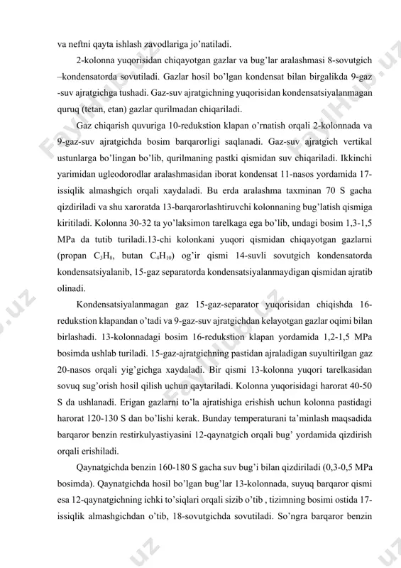 neftni deminirallash-uning korrozion aktivligini kamaytirishning asosiy usullaridan biri bo’lib, xom-ashyo xolidagi neft tarkibidagi mineral tuzlarni maksimal darajada ajratib olishdir. neft tarkibidagi mineral tuzlar ikki ko’rinishda: 1) uglevodorodlar bilan aralashgan kristallar; 2) neft tarkibidagi suvda erigan tuzlarning emulstiyasi ko’rinishida bo’ladi. neft tarkibidagi mineral tuzlar erigan suv tomchisi (emulstiya) o’lchami 1/10 mikron bo’lib, u emulstiya zarrachasi quyidagi ko’rinishda bo’ladi va emulgator zarrachalari yordamida barqarorlashgandir. 1 2 2-rasm. suv tomchisi emultsiyasi. 1-neft; 2-suv; neft tarkibidagi emulgatorlar qatoriga quyidagilar kiradi: · naftenatlar; · asfalten yoki oleatlar (organik kislota tuzlari); · temir sulfidi. emultsiya yadrosini o’rab turuvchi qatlam murakkab, ko’p qavatli tuzilishiga ega ekanligi sababli tomchilarni o’zaro bir-biriga qo’shilib ketishi (dekantatsiyasi)ga qarshilik qiladi. emultsiyaning "yoshi" qanchalik katta bo’lsa, uning buzilishi shunchalik qiyin va barqarorligi yuqori bo’ladi. deminerallash jarayoni maqsadi - neft xom ashyosi tarkibidagi barcha mineral tuzlarni "evakuatsiya" qilishdir. bu jarayon demineralizatorda amalga oshirilib, quyidagi o’zaro ketma-ket boruvchi bosqichlardan iborat: · "neft - suv" yupqa …