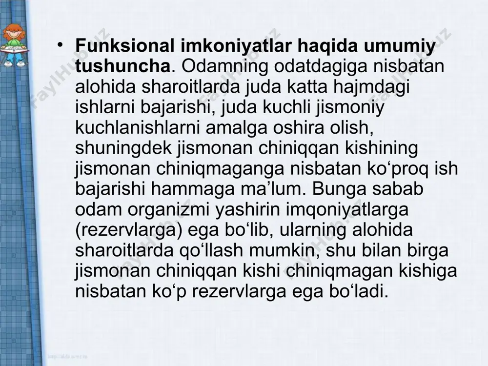 ahamiyati. jismoniy madaniyat va sport bolalar hamda o‘smirlarda ko‘pgina fazilatlar, shu jumladan, ularning jismoniy baquvvat bo‘lishi, harakat ko‘nikmalari hamda jismoniy xususiyatlari takomiliga yetishi, organizmning zaxira kuchlari, ish qobiliyati, ko‘pgina kasalliklarga nisbatan qarshilik kuchining oshishiga yordam beradi. biroq chidamlilik, umumiy salomatlik holati hammada bir xil bo‘lmaganidek, yuklama ham bir xil bo‘lishi mumkin emas. maktab yoshidagi bolalarni jismoniy tarbiyalash vazifalari 1. sog‘ligini mustahkamlash, o‘quvchilarni chiniqtirish, ularning to‘g‘ri jismoniy rivoji va yuqori aqliy ish qobiliyatini saqlab turishiga ko‘maklashish. 2. jismoniy xususiyatlarini tarbiyalash (chaqqonlik, kuchlilik, tezlik, bardoshlilik, qayishqoqlik) va hayotiy zarur harakat ko‘nikmalari: yurish, yugurish, sakrash, otish, tirmashib chiqish, oshib o‘tish, safda yurishga tayyorgarlik, qomatni rostlash, muvozanatni saqlashga doir mashqlar, harakatlar aniqligi va muvofiqligi, ritm hamda sur'at sezgisi, jamoa bo‘lib harakat qilish ko‘nikmalari orqali o‘quvchilarni "barkamol avlod uchun" me'yoriy talablarini bajarishga tayyorlashni shakllantirish. 3. jismoniy tarbiya va sport sohasidagi maxsus bilimlardan xabardor qilish va tashkiliy ko‘nikmalarni, shuningdek, shaxsiy hamda jamoat gigienasi ko‘nikmalarini, madaniy xulq-atvor …