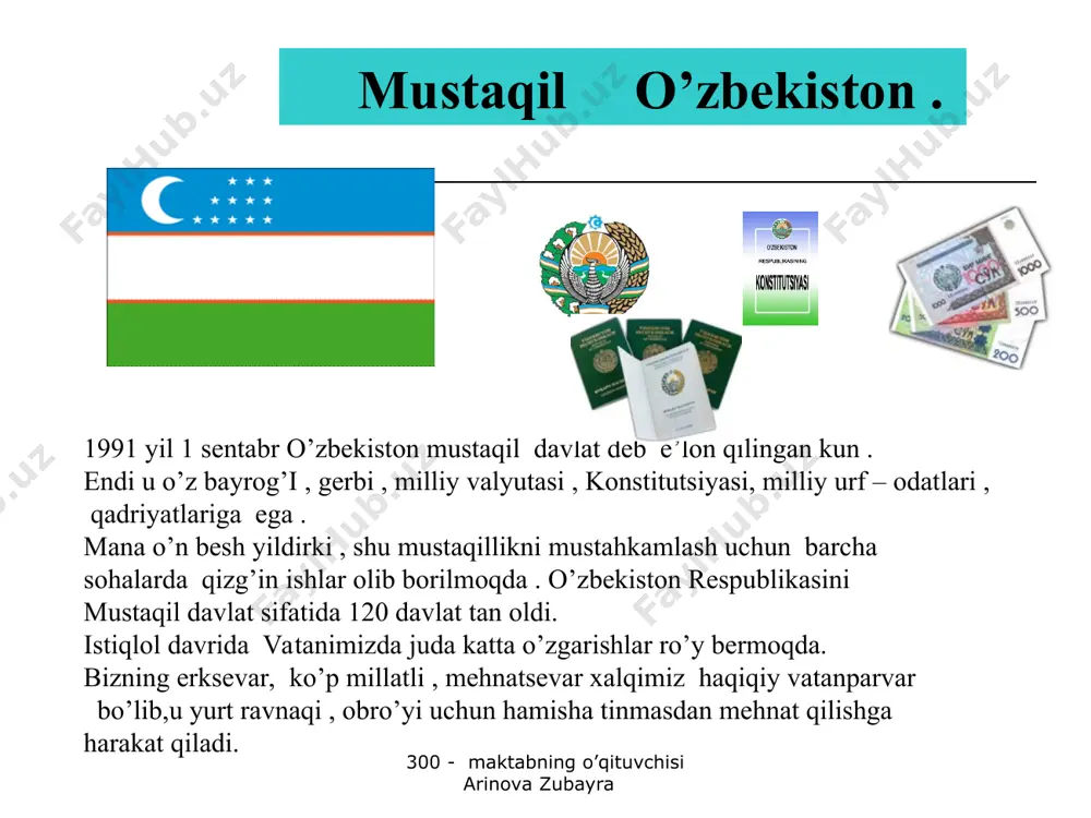 0 - maktabning o’qituvchisi arinova zubayra naql . sen odamlarga bir yil yaxshilik qilmoqchi bo’lsang bo’lsang , bug’doy ek . o’n yil yaxshilik qilmoqchi bo’lsang, tok ekib , bog’ qil . umr bo’yi yaxshilik qilmoqchi bo’lsang, o’qituvchilik qil ! 300 - maktabning o’qituvchisi arinova zubayra 300 - maktabning o’qituvchisi arinova zubayra “kimki ustozlardan adab o’rganmaydi, u behudago’ydir . “ abu –bakir kattoniy . 300 - maktabning o’qituvchisi arinova zubayra 300 - maktabning o’qituvchisi arinova zubayra 300 - maktabning o’qituvchisi arinova zubayra 300 - maktabning o’qituvchisi arinova zubayra to’g’ri top ! “ o’yini . test savollari . 1.“ muallim “ so’zining sinonimini aniqlang . a) o’qituvchi b) do’st d) dugona 2. qachon ustoz va murabbiylar kuni nishonlanadi ? a) 1- sentabr kuni b) 1- oktabr kuni d) 31- avgust kuni 3.“murabbiy “ so’zining ruscha muqobilini toping . a) coceд b) мама d) наставник 4. “ … - otangday ulug’ ! “ …