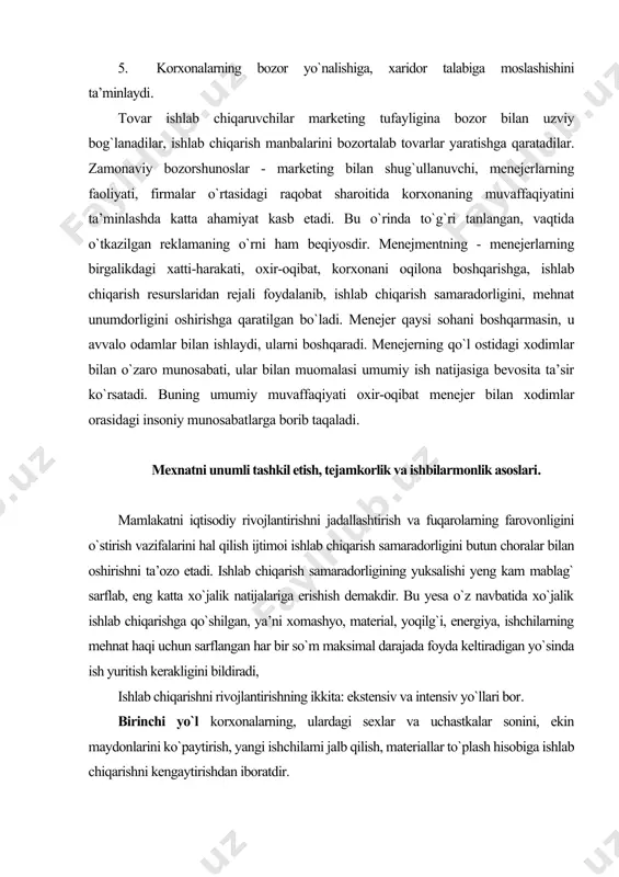 ini o`stirish vazifalarini hal qilish ijtimoi ishlab chiqarish samaradorligini butun choralar bilan oshirishni ta’ozo etadi. ishlab chiqarish samaradorligining yuksalishi yeng kam mablag` sarflab, eng katta xo`jalik natijalariga erishish demakdir. bu yesa o`z navbatida xo`jalik ishlab chiqarishga qo`shilgan, ya’ni xomashyo, material, yoqilg`i, energiya, ishchilarning mehnat haqi uchun sarflangan har bir so`m maksimal darajada foyda keltiradigan yo`sinda ish yuritish kerakligini bildiradi, ishlab chiqarishni rivojlantirishning ikkita: ekstensiv va intensiv yo`llari bor. birinchi yo`l korxonalarning, ulardagi sexlar va uchastkalar sonini, ekin maydonlarini ko`paytirish, yangi ishchilami jalb qilish, materiallar to`plash hisobiga ishlab chiqarishni kengaytirishdan iboratdir. ikkinchi yo`l esa yangi mukammal texnologiyadan, texnikadan foydalanish, ishlab chiqarishni yaxshiroq tashkil qilish, intizomni mustahkamlash, mavjud resurslarni tejab ishlatish orqali o`sha natijaga erishishdir. mamlakatimiz xalq xo`jaligini rivojlantirishda ishlab chiqarishni iloji boricha intensivlashtirish uchun zarur obyektiv shart-sharoitlar yaratildi: iqtisodiy potensial vujudga keltirildi, ilmiy tadqiqotlar kengaytirildi, yuqori malakali ishchi kadrlar, mutaxassislar, olimlar, xo`jalik rahbarlarini tayyorlash yaxshilandi. ishlab chiqarishni intensivlashtirjshda xo`jalik masalalarini oqilona …