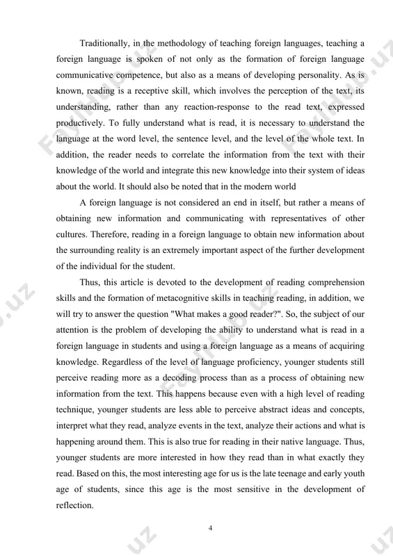 exercises and tasks. the ability to read is equally necessary for completing communication-oriented tasks to control vocabulary and grammar, listening, writing and speaking. according to g.v. rogova and v.i. vereshchagina, reading is defined as the unity of the procedural and substantive plan. within the framework of this article, the substantive plan of reading will be considered rather than the procedural plan, i.e. the formation of reading technique will remain, so to speak, outside the focus of our attention. traditionally, in the methodology of teaching foreign languages, teaching a foreign language is spoken of not only as the formation of foreign language communicative competence, but also as a means of developing personality. as is known, reading is a receptive skill, which involves the perception of the text, its understanding, rather than any reaction-response to the read text, expressed productively. to fully understand what is read, it is necessary to understand the …
