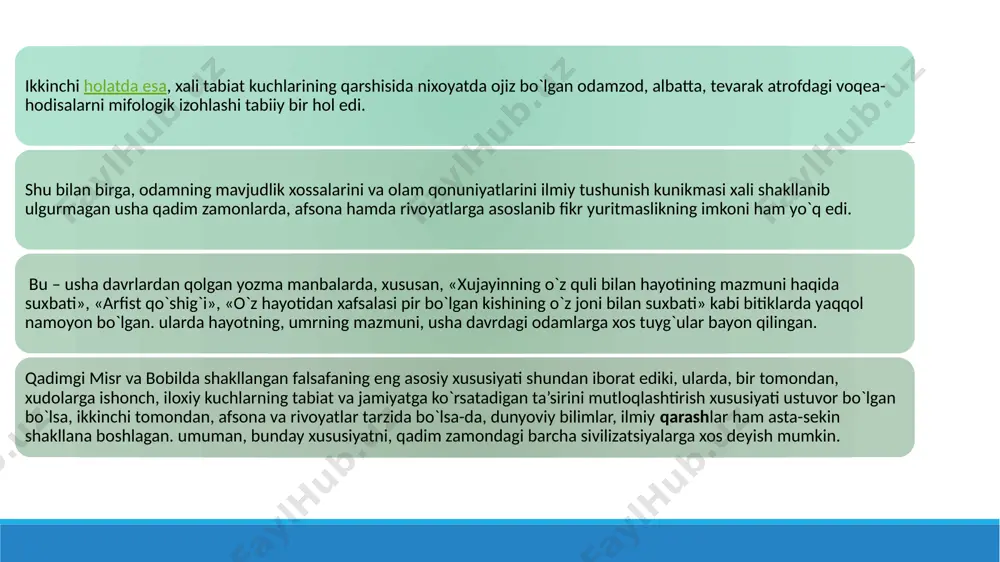 tishini ta’minlaydi, deb xisoblagan. uning ta’limotini zamondoshi, shogirdi anaksimen davom ettirdi. anaksimen (eramizdan avvalgi 588-525 yillar) xavo — olamning asosi, deb bilgan. uningcha, xavoning quyuqlashishidan suv, yer, tosh kabi moddalar tashkil topgan, siyraklashishidan esa olov paydo bo`lgan. eley falsafiy maktabi eley falsafiy maktabi namoyandasi ksenofan (eramizdan avvalgi yi — v asr) shoir va faylasuf bo`lgan. u kichik osiyoda dunyoga kelgan. ilm olish maqsadida yunonistonga, janubiy italiyaga sayoxat qilib, umrining so`ngi yillarini eley shaxrida o`tkazgan. тarixchi diogen laertskiyning yozishicha, ksenofant «тabiat haqida» asarining muallifidir. afsuski, ushbu asarning yarmigina omon qolgan, holos. u ko`pxudolikka hamda insonlarga xos sifatlarni xayvonlarga, o`simlik dunyosiga daxldor deb biluvchi ta’limotga qarshi chiqib, mifologiyani rad etishga harakat qilgan. uning falsafiy ta’limotiga ko`ra, tabiat - o`zgarmas va harakatsizdir, «хamma narsa yerdan unib chiqadi va pirovardida yana yerga qaytadi». biz hammamiz yerdan tug`ilganmiz va yerga aylanamiz». ksenofan qadimgi yunon faylasuflaridan birinchi bo`lib, bilishning imkoniyati va chegarasi haqida fikr yuritgan. bu …