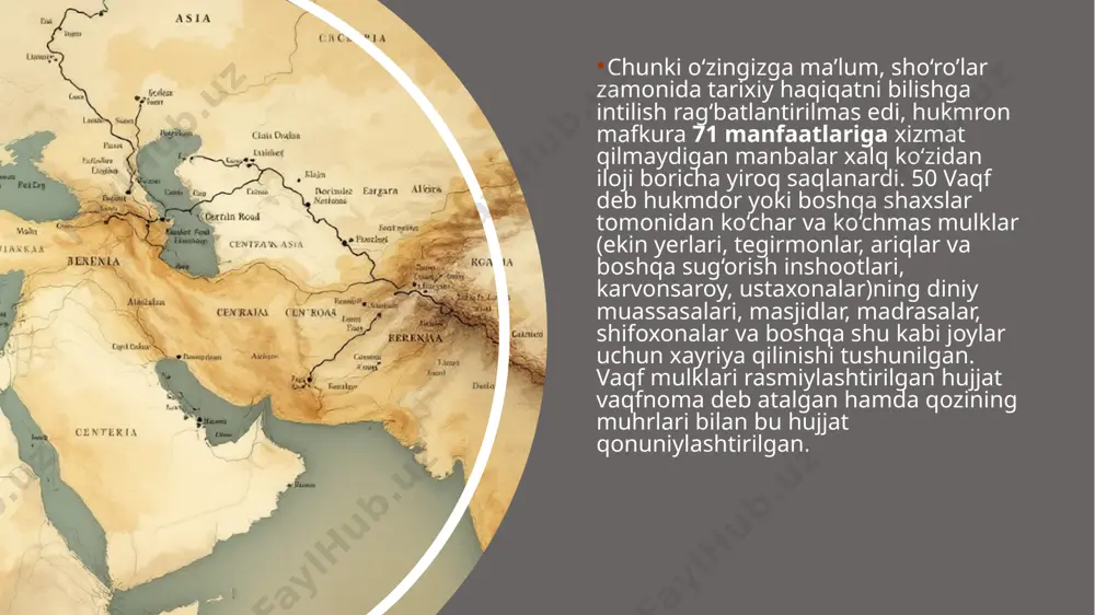 9-20 sm, bu hujjatda ismoil somoniy o‘z avlodlariga vaqf qilib qoldirgan buxoro viloyati atrofidagi qishloqlar hamda somoniylar sulolasining shajaraviy tarixi haqida so‘z yuritiladi. hujjatda ismoil somoniy vaqf yerlari birma-bir sanab keltirish bilan kifoyalangan. o‘zbekiston respublikasi markaziy davlat arxivining buxoro vaqfnomalari ro‘yxati olingan 323-asosiy fondida 758/6 va 758/7 raqamlari bilan ismoil somoniy avlodlari foydasiga vaqf qilingan hujjatning bir nusxasi saqlanadi. vaqfnomaning bu nusxasi katta bir butun qog‘oz o‘ramidan iborat bo‘lib, “podshoh ismoil somoniy avlodlari vaqfnomasi” deb ataladi. bu hujjat ham bir-biriga yopishtirilgan 7 ta qog‘oz bo‘- laklarining o‘ramidan iborat. hujjatning haqiqiyligini tasdiqlash uchun qog‘oz bo‘laklarining bir-birlariga yopishtirilgan joylarining har ikki tomoniga muhr bosilgan, muhrlarning hammasi 13 ta. madaniy meros ob’yektlarini muhofaza qilish va ulardan foydalanish boshqarmasida 3499-3510 raqamlari ostida saqlanayotgan 73 hujjat fotonusxa ko‘rinishida bo‘lib, bu hujjatning asl nusxasi bizning kunimizgacha saqlanib qolmagan. bu hujjat 758/6 va 758/7 raqamli hujjat bilan bir xil mazmunga ega. fotosuratga ko‘ra, hujjat bir-biriga yopishtirilgan 8 …