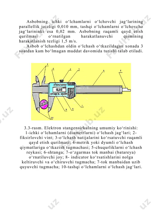 yassi o‘lchovchi sirtli asos bilan ta‘minlangan. mikrovint turli uzunlikdagi almashinib o‘lchovchi sterjenlar bilan biriktirilishi mumkin. zamonaviy o‘lchash asboblari ichida electron mikrometrlar muhim o‘rin egallaydi. elektron mikrometrning umumiy ko‘rinishi 3.6-rasmda keltirilgan. 3.6-rasm. elektron mikrometrning umumiy ko‘rinishi: 1-qo‘zg‘almas tayanch sterjen; 2-qo‘zg‘aluvchan sterjen; 3-qayd qiluvchi qurilma; 4-kodlovchi diskning o‘lchash tizimi; 5-friksion uzatma; 7-o‘lchash natijalarini ko‘rsatish qurilmasi; 8-suyuqkristalli ekran; 9-boshqaruvchi tugmachalar (5 ta). 3.2-jadval elektron mikrometrning xarakteristikasi o‘lchashlar intervali aniqligi xatoligi takrorlanuvchanlik 0-25 mm 0.001 mm (0,00005 dyum) 0,003mm 0,001 mm 25-50 mm 0,001 mm (0,00005 dyum) 0,003mm 0,001 mm 50-75 mm 0,001 mm (0,00005 dyum) 0,003mm 0,001 mm 75-100 mm 0,001 mm (0,00005 dyum) 0,003mm 0,001 mm zaruriy tok kuchi - ≤10a, ishchi harorati -0÷400c, maksimal o‘lchash tezkigi – 80mm/s, saqlanish harorati - 20÷600c. ushbu mikrometrda sr44w rusumli kumush oksidli tok manbai qo‘llaniladi. agar kuchlanish 1,4 v dan past bo‘lsa, displey ekrani pirpiray boshlaydi, bunday vaqtlarda tok manbaini almashtirish zarur bo‘ladi. agar mikrometr …