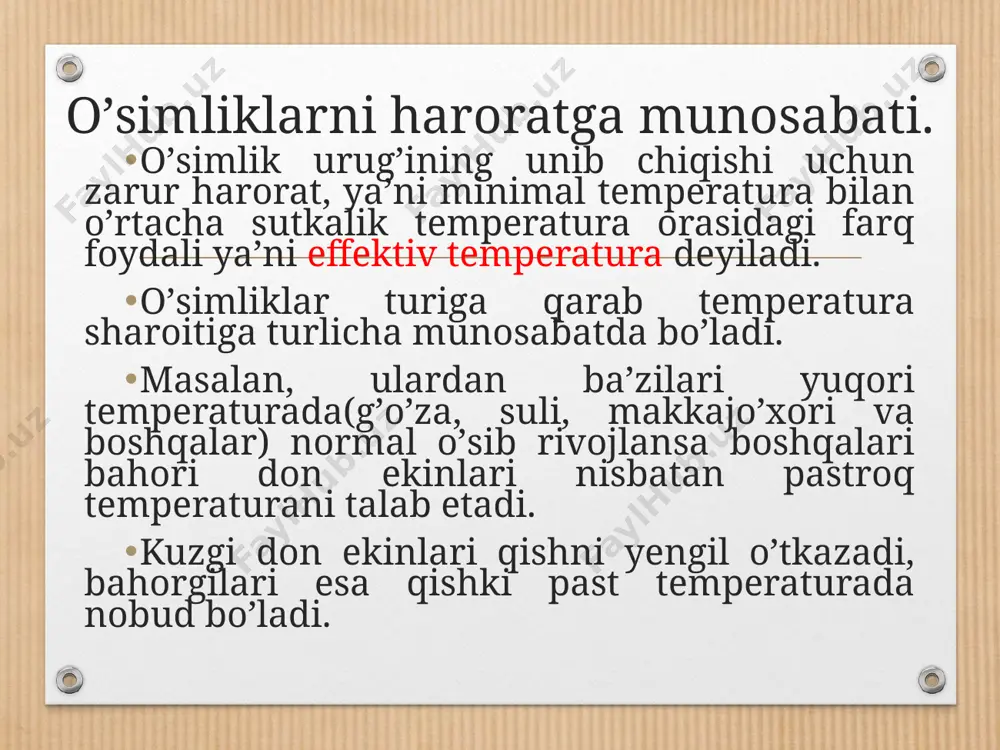 siqlik rejimini boshqarish issiqlik rejimini boshqarish tuproq unumdorligini oshirishda va ekinlardan moʼl hosil yetishtirishda muhim tadbirlardan hisoblanadi. ekinlarning turiga qarab urugʼini unib chiqishi, oʼsishi va rivojlanishi uchun har xil miqdorda issiqlik talab etiladi. yerga solingan chirimagan goʼng, organik oʼgʼitlar tuproqning issiqlik rejimini yaxshilaydi, chunki 1 t goʼng chiriganda 4-5 mln kkal issiqlik ajralib chiqadi. yerga barqaror sovuq tushmasdan oldin chuqur va sifatli shudgorlash tuproqning issiqlik rejimini yaxshilashda samarali tadbir hisoblanadi. egat va pushtalardagi qulay temperatura rejimi tuproqning fizikaviy xossalari bilan bogʼliq holda chigitning barvaqt va qiygʼos unib chiqishiga imkon beradi. bunday yerlarda chigit tekis yerdagiga nisbatan 5-6 kun oldin unib chiqadi. tuproq haroratini oshirishni va rejimini tartibga solishning yana bir asosiy omili chigit yoki boshqa ekinlar urugʼi ekilgandan keyin yerlarni mulьchalashdir. mulcha sifatida chirigan goʼng, koʼmir kukuni, qora qogʼoz va plyonka kabi materiallardan foydalanish mumkin. тuproqning havo rejimi har qanday tuproqda hamma vaqt maʼlum miqdorda havo boʼlib, undagi boʼshliqlarni toʼldirib …