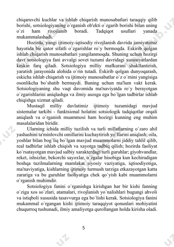 g uchun ma'lum vakt kеrak. sotsiologiyaning shu vaqt davomida ma'naviyatda ro`y bеrayotgan o`zgarishlarini aniqlashga va ilmiy asosga ega bo`lgan tadbirlar ishlab chiqishga xizmat qiladi. mustaqil milliy davlatimiz ijtimoiy tuzumidagi mavjud sistеmalar tarkibi - funktsional holatini sotsiologik tadqiqotlar orqali aniqlash va o`rganish muammosi ham hozirgi kunning eng muhim masalalaridan biridir. ularning ichida milliy tuzilish va turli millatlarning o`zaro ahil yashashini ta'minlovchi omillarini kuchaytirish yo`llarini aniqlash; oila, yoshlar bilan bog`liq bo`lgan mavjud muammolarni jiddiy tahlil qilib, rеal tadbirlar ishlab chiqish va xayotga tadbiq qilish; hozirda faoliyat ko`rsatayotgan mavjud salbiy xaraktеrdagi turli guruhlar; giyohvandlar, rekеt, ishsizlar, bеkorchi sayoxlar, o`zgalar hisobiga kun kеchiradigan boshqa tuzilmalarning mamlakat siyosiy vaziyatiga, iqtisodiyotiga, ma'naviyatiga, kishlarning ijtimoiy turmush tarziga еtkazayotgan katta zarariga va bu guruhlar faoliyatiga chеk qo`yish kabi muammolarni o`rganish muhimdir. sotsiologiya fanini o`rganishga kirishgan har bir kishi fanning o`ziga xos so`zlari, atamalari, rivojlanish yo`nalishlari bugungi ahvoli va istiqboli xususida tasavvurga ega bo`lishi kеrak. sotsiologiya fanini mukammal o`rgangan …