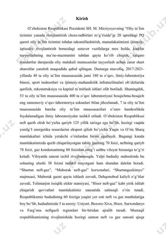 qurilmalari foydalanila boshlandi. shuni alohida ta’kidlash kerakki, 2012 yilda surg’il koni bazasida, hatto, dunyo mezonlari bо’yicha ham noyob bо’lgan, qiymati 25 milliard dollardan ziyodni tashkil etadigan ustyurt gaz-kimyo kompleksi qurilishi 2016 yilda nihoyasiga yetkaziladi va bu korxona 4 milliard 500 million kub metr tabiiy gazni qayta ishlash, 400 ming tonna polietilen va 100 ming tonna polipropilen ishlab chiqarish imkonini beradi. bundan tashqari qashqadaryo viloyatining g’uzor tumanida “sho’rtan gazkimyo” majmuasining tozalangan metan gazi negizida sintetik suyuq yoqilg’i (gtl) ishlab chiqarish zavodi va “sho’rtan gaz-kimyo” majmuasining ishlab chiqarish 5 quvvatlarini kengaytirish” loyihasiga asosan tabiiy gazdan polipropilen ajratib olish sexi 2020 yilning oxirigacha ishga tushadi. “shurtan gaz-kimyo” majmuasining tozalangan metani negizida sintetik suyuq yoqilg’i (gtl) ishlab chiqarishni tashkil etish” loyihasi gaz-kimyo sanoati yo’nalishida dunyoning ilg’or texnologik yechimlarini o’zida aks ettirgan. ushbu loyiha mdh doirasidagi eng yirik mega-loyihalardan biridir. loyiha “o’zbekneftgaz” kompaniyasi ta’sischiligida amalga oshirilishi mamlakatimizning yoqilg’i-energetika xavfsizligini ta’minlashda katta ahamiyatga ega bo’lishi barobarida, …