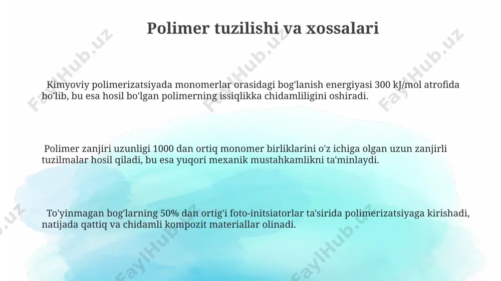 ib, materialning mexanik xossalarini yomonlashtirishi mumkin. past bosim va past haroratlarda polimerlanish sekinlashadi, bu esa qattiqlashuv vaqtini uzaytiradi va to'liq konversiyaga erishish uchun qo'shimcha vaqt talab qiladi, masalan, 24 soatgacha. yuqori bosim (masalan, 5 mpa) ostida polimerlanish darajasi ortadi, chunki monomerlar orasidagi masofa kamayib, reaksiya tezligi oshadi va konversiya darajasi 90% ga yetishi mumkin. polimerlanish darajasi va uning xossalarga ta'siri past polimerlanish darajasi (masalan, 60%) kompozitning suv yutilishini va shishishini oshirib, uzoq muddatli mustahkamligiga salbiy ta'sir ko'rsatadi. ideal polimerlanish darajasi kompozit turiga bog'liq bo'lib, odatda 85-92% oralig'ida bo'lib, optimal mexanik xossalar va kam ichki stresslarni ta'minlaydi. polimerlanish darajasi 90% dan oshganda kompozitning mexanik mustahkamligi sezilarli darajada ortadi, lekin 95% dan yuqori bo'lganda qisqarish va ichki stresslar kuchayadi. boshlang'ich va katalizatorlarning ta'siri benzoyl peroksid kabi fotoinitsiatorlarning miqdori 1-3% oraligʻida nurlanish intensivligi va davomiyligi bilan birgalikda polimerizatsiya jarayonini boshqarishda muhim rol oʻynaydi. katalizatorlarning konsentratsiyasi 0,5-2% oraligʻida oʻzgarishi reaksiya tezligini va polimer tarmoqlanish …