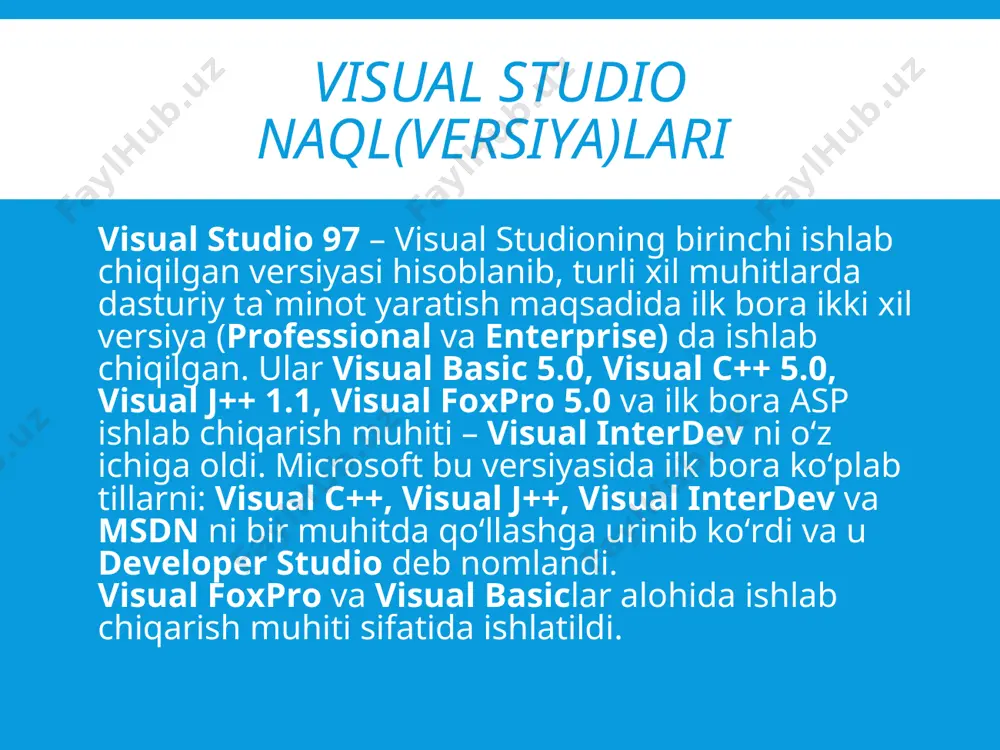 kki, konsol ilovalarning ham bir nechta platformalarda yaratish imkoniyati bor, lekin biz bu ishni clr console application bilan bajaramiz. console aplication muhitida konsol ilovalar yaratish dastlab, visual studio muhitini ishga tushiramiz. vs ishga tushgandan so‘ng, quyidagi ketma-ketlikni bajaramiz: file->new->project yoki klaviaturadan ctrl+shift+n tugmalari birgalikda bosiladi. console aplication muhitida konsol ilovalar yaratish bu ketma-ketlik bajarilgandan so‘ng, loyihaning tipini tanlash uchun new project oynasi ochiladi. bu oynadagi visual c++ qismidan clr bo‘limiga o‘tib, clr console application punkti tanlanadi. console aplication muhitida konsol ilovalar yaratish name – qismiga loyiha nomi yoziladi (masalan “1-misol”); location – qismiga loyihamiz saqlanadigan manzil ko‘rsatiladi(browse… tugmasi yordamida). so‘ngra ok tugmasi bosiladi. natijada visual c++ muhitining ishchi oynasi ochiladi. visual c++ muhitining ishchi oynasi console aplication muhitida konsol ilovalar yaratish ushbu rasmdagi kodlarning ba`zi tushunchalarini qarab o’tamiz. 1- qatorda izoh (kommentariya), 3- va 4-qatorlar kutubxonalar, 5- qatorda nomlar fazosi va 7-qatorda asosiy funksiya (main()) e`lon qilingan. natijani chiqarishning bir …