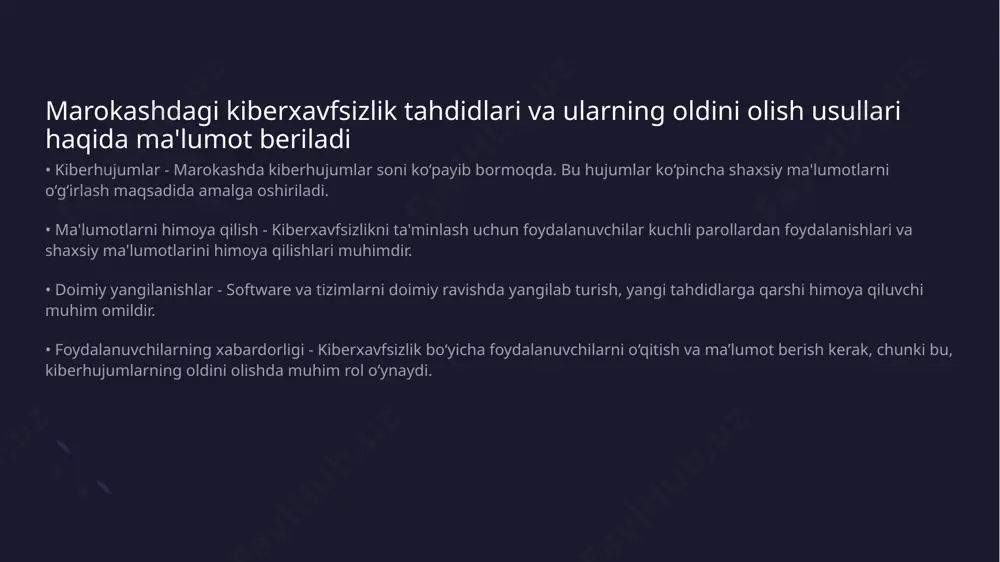 rlarini yechmaslik va ularni ochmasliklari kerak. xavfli havolalarni bosishdan qochish zarur. • antivirus dasturlaridan foydalanish - foydalanuvchilar antivirus dasturlarini o'rnatishlari va ularni doimiy ravishda yangilab turishlari muhimdir. bu dasturlar zararli dasturlardan himoya qiladi. marokashda kiberxavfsizlik bo'yicha o'qitish va trening dasturlari haqida ma'lumot beriladi • kiberxavfsizlikning ahamiyati - kiberxavfsizlik zamonaviy biznes va davlat tuzilmalarining muhim bir qismi hisoblanadi • o'qitish dasturlari - marokashda turli o'qitish dasturlari kiberxavfsizlikka bag'ishlangan va ular amaliy ko'nikmalarni rivojlantirishga qaratilgan kiberxavfsizlikni oshirish uchun xalqaro hamkorlikning ahamiyati ko'rsatiladi • xavflarni kamaytirish - xalqaro hamkorlik kiberxavfsizlik sohasida tahdidlarni aniqlash va ularga qarshi kurashishda muhim ahamiyat kasb etadi • ma'lumot almashish - dunyo miqyosida kiber tahdidlar haqida tezkor va samarali ma'lumot almashish harakatlar uchun zarur hisoblanadi • tajriba almashish - turli davlatlarning tajribalarini almashish orqali kiberxavfsizlikni yaxshilash va ilg'or komplekslar yaratishda yordam beradi • qonunchilikni mustahkamlash - xalqaro hamkorlik orqali kiberxavfsizlik qonunlarini takomillashtirish va birlashtirish amalga oshirilishi mumkin marokashda kiberxavfsizlik …
