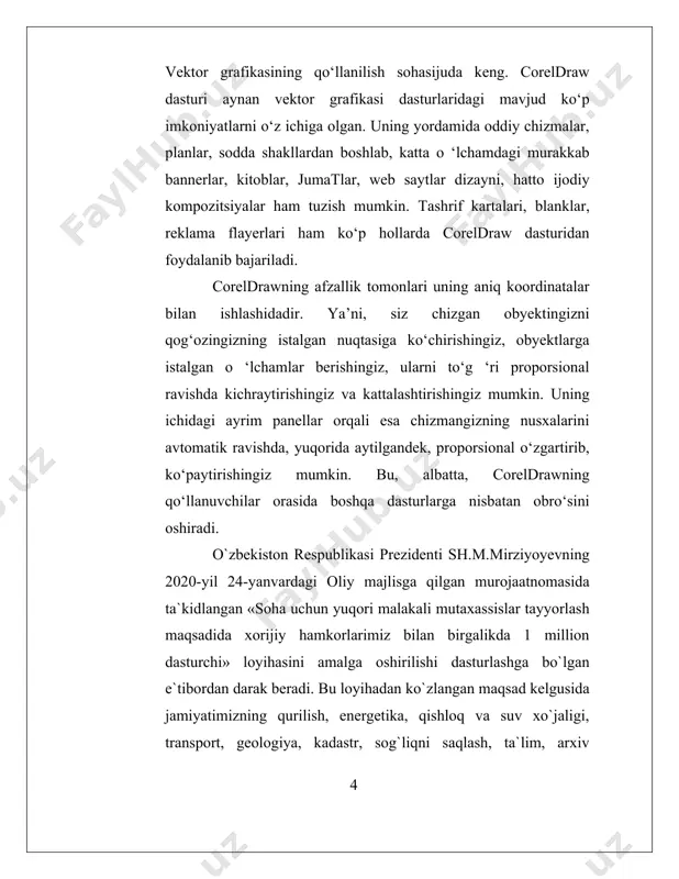 ari”ni, multfilmlar yaratishda, kinofilmlarda qiziqarli kadrlar hosil qilish va boshqa sohalarda qo`llaniladi. kompyuter grafikasi tushunchasi hozirda keng qamrovli sohalarni o`zida mujassamlashtirib, bunda oddiy grafik chizishdan to real borliqdagi turli tasvirlarni hosil qilish, ularga zeb berish, programma vositasi yordamida hatto tasvirga oid yangi loyihalarni yaratish ko`zda tutiladi. u multimedia muhitida ishlash imkoniyatini beradi. kompyuter grafikasining juda tez rivojlanib borishi va undagi texnikaviy, dasturiy vositalarining yangilanib borishi ushbu sohaning hamisha takomillashtirishga, bu sohadagi yangi yo`nalishlarni tinmay o`rganib borishni taqozo etadi. oxirgi yillarda bu sohada juda katta o`zgarishlar (siljishlar) yuz berdi, ya`ni 16 mln.dan ortiq rang va rang turlarini o`zida aks ettira oladigan displeylar, grafik axborotlarni (paper part) kirituvchi moslama - skanerlar, grafik ish majmualari; dasturiy vositalar sohasida esa haqiqiy kompyuter dunyosini kashf qila oladigan amaliy dasturlar vujudga keldi. kompyuter grafikasi – kompyuter boshqaruvida grafik obyektlarni kiritish, chiqarish, tasvirlash, o`zgartirish va tahrirlashdir. kompyuter grafikasi – kompyuter yordamida yaratilgan, asosan, maxsus grafik apparat va …