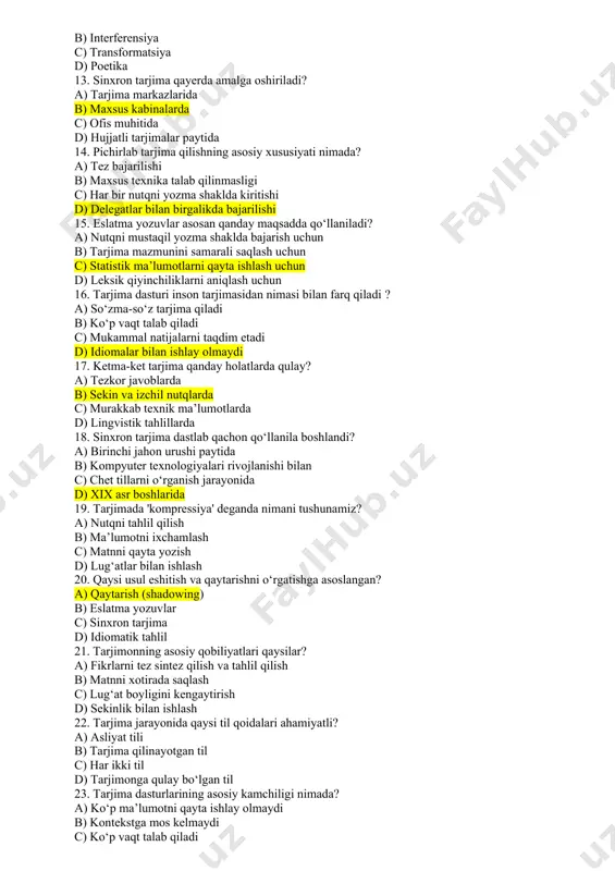 soddalashtirish 12. quyidagi qaysi termin tarjimonning ijodkorligini ifodalaydi? a) adaptatsiya b) interferensiya c) transformatsiya d) poetika 13. sinxron tarjima qayerda amalga oshiriladi? a) tarjima markazlarida b) maxsus kabinalarda c) ofis muhitida d) hujjatli tarjimalar paytida 14. pichirlab tarjima qilishning asosiy xususiyati nimada? a) tez bajarilishi b) maxsus texnika talab qilinmasligi c) har bir nutqni yozma shaklda kiritishi d) delegatlar bilan birgalikda bajarilishi 15. eslatma yozuvlar asosan qanday maqsadda qo‘llaniladi? a) nutqni mustaqil yozma shaklda bajarish uchun b) tarjima mazmunini samarali saqlash uchun c) statistik ma’lumotlarni qayta ishlash uchun d) leksik qiyinchiliklarni aniqlash uchun 16. tarjima dasturi inson tarjimasidan nimasi bilan farq qiladi ? a) so‘zma-so‘z tarjima qiladi b) ko‘p vaqt talab qiladi c) mukammal natijalarni taqdim etadi d) idiomalar bilan ishlay olmaydi 17. ketma-ket tarjima qanday holatlarda qulay? a) tezkor javoblarda b) sekin va izchil nutqlarda c) murakkab texnik ma’lumotlarda d) lingvistik tahlillarda 18. sinxron tarjima dastlab qachon qo‘llanila boshlandi? …