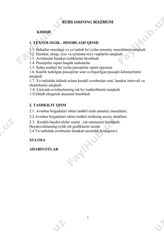 ashishning katta xajmlari amalga oshiradigan avtotransportda yo‘lovchi tashish avtotransportini tashkil qilishni takomillashtirish, avtobus qatnovining muntazamligi va chastotasini oshirish talab etiladi; aholiga transport xizmatini sezilarli darajada yaxshilash; harakat xavfsizligini oshirish va transportning atrof-muhitga zararli ta’sirini kamaytirish. avtobus transporti - yo‘lovchi avtotransportining eng keng tarqalgan turi. u mamlakatning yagona transport tizimida muhim rol o‘ynaydi. bu barcha ommaviy yo‘lovchi tashish transportining 60% dan ortig‘ini tashkil etadi va yo‘lovchilar aylanmasi qariyb 40% ni tashkil qiladi. avtobus jamoat transporti sifatida nafaqat shaharlarda, balki qishloq joylarda ham tarqaldi. avtobuslar shahar, shahar atrofi, shaharlararo va xalqaro muntazam aloqada ishlatiladi. kichik shaharlarning aksariyat qismida avtobus ommaviy yo‘lovchi tashish transportining yagona turi hisoblanadi. avtobuslar butun shahar bo‘ylab transport aloqalarini ta’minlaydi va shaharning barcha hududlarini yagona shahar majmuasiga birlashtirishga hissa qo‘shadi. tumanlararo, tumanlararo va mintaqalararo yo‘nalishlarda avtobus transporti yo‘lovchilarni temir yo‘l stantsiyalariga, daryo portlariga, yozgi kottejlarga, shaharlararo avtobuslar xizmat ko‘rsatish avtostantsiyalariga etkazib beradi. shaharlararo avtobus transporti temir yo‘l va havo …
