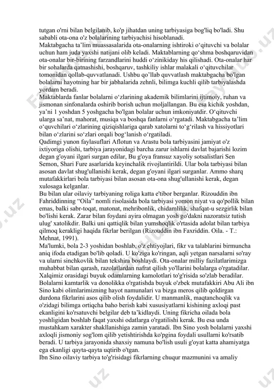 eltirish va uni mustahkamlash umumdavlat ahamiyatga molik masaladir. chunki ijtimoiy hayotda yuz beradigan barcha o'zgarishlar, ya’ni undagi yetuk va kamchiliklar, murakkabliklar va ziddiyatlar oilada o'z aksini topadi. shunga ko'ra oila va oilaviy tarbiya masalalari har doim ham dolzarb muammo bo'lib kelgan va shunday bo'lib qoladi. respublikamizda 1998-yil - "oila yili" deb e'lon qilinishi munosabati bilan qabul qilingan davlat dasturini hayotga joriy etish natijasida oilaviy munosabatlarning huquqiy asoslari takomillashtirildi, “oila kodeksi”ning yangi tahriri, bir qator qonunchilik va me'yoriy hujjatlar qabul qilindi. oilaning moddiy farovonligini ta'minlashga qaratilgan zarur shartsharoitlar yaratildi. kam ta'minlangan, serfarzand oilalarni qo'llab-quvvatlash ishlarini davlat o'z zimmasiga oldi. 1999 yil mamlakatimizda "ayollar yili" deb e'lon qilinishi munosabati bilan jamiyatda xotin-qizlarning mavqeyini yanada oshirish, turmush sharoitlarini yaxshilash uchun barcha davlat va nodavlat tashkilotlarni birlashtirildi. shu yildan boshlab (1999) ayollarga ularning istaklariga binoan hamda qonunda belgilangan mehnat staji bo'lgan taqdirda 54-yoshdan pensiyaga chiqish huquqi berildi. 3 yoshgacha bolasi bo'lgan ayollar byudjet hisobidan …
