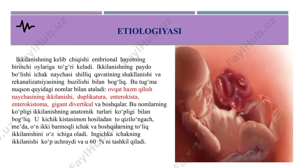 devori ichak naychasiga xos tuzilishda va uning ichida hazm qilish bezlarining sekreti bo’ladi. davolash. ovqat hazm qilish naychasining ikkilanishi faqat xirurgik yo‘1 bilan davolanadi. enterokistani shilib ajratib olish qiyinligi tufayli ovqat hazm qilish kovak organining ikkilangan qismi rezeksiyasi keng qo’llanadi. agar rezeksiyani bajarib bo’lmasa (o‘n ikki barmoqli ichakning ikkilanishi), quyidagilardan biri bajariladi: asosiy va qo‘shimcha ichak (ikkilangan ichak) anastomozi, devori bilan shilliq qavatini qisman olib tashlash, ba’zan marsipulizatsiya qilish va h.k. ko‘krak qafasiga kiruvchi ichak divertikullarida xirurgik muolaja ko‘pincha, bosqichda bajariladi: avval torakotomiya qilib divertikul olib tashlanadi va qolgan qismni ikki qator chok bilan tikiladi, so‘ngra 1—1,5 haftadan keyin laparotomiya qilinib, qolgan divertikul rezeksiya qilinadi. qorin bo‘shlig‘ining kistoz hosilalari. qorin bo‘shlig‘i kistalari kelib chiqishi, anatomik tuzilishi va joylashishi turlicha bo‘lgan hosilalarni birlashtiruvchi tushuncha. kistalar haqiqiy va soxta, atravmatik, parazitar va boshqa turlarga farqlanadi. kelib chiqishi, joylashishi va klinik kechishi bo‘yicha haqiqiy kistalar quyidagilarga bo‘linadi. charvi kistalari ichak tutqichi kistalari ichak …
