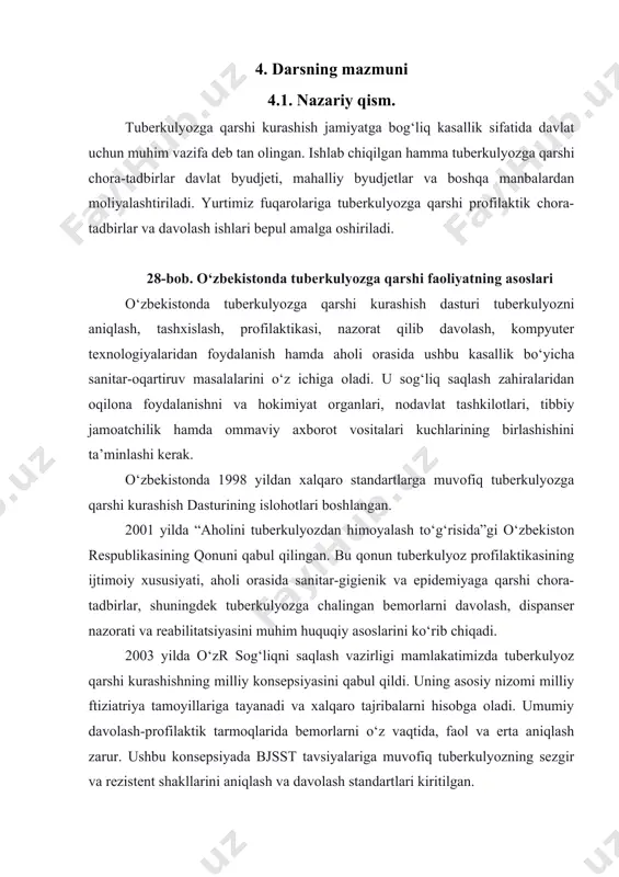 ab chiqilgan hamma tuberkulyozga qarshi chora-tadbirlar davlat byudjeti, mahalliy byudjetlar va boshqa manbalardan moliyalashtiriladi. yurtimiz fuqarolariga tuberkulyozga qarshi profilaktik chora-tadbirlar va davolash ishlari bepul amalga oshiriladi. 28-bob. o‘zbekistonda tuberkulyozga qarshi faoliyatning asoslari o‘zbekistonda tuberkulyozga qarshi kurashish dasturi tuberkulyozni aniqlash, tashxislash, profilaktikasi, nazorat qilib davolash, kompyuter texnologiyalaridan foydalanish hamda aholi orasida ushbu kasallik bo‘yicha sanitar-oqartiruv masalalarini o‘z ichiga oladi. u sog‘liq saqlash zahiralaridan oqilona foydalanishni va hokimiyat organlari, nodavlat tashkilotlari, tibbiy jamoatchilik hamda ommaviy axborot vositalari kuchlarining birlashishini ta’minlashi kerak. o‘zbekistonda 1998 yildan xalqaro standartlarga muvofiq tuberkulyozga qarshi kurashish dasturining islohotlari boshlangan. 2001 yilda “aholini tuberkulyozdan himoyalash to‘g‘risida”gi o‘zbekiston respublikasining qonuni qabul qilingan. bu qonun tuberkulyoz profilaktikasining ijtimoiy xususiyati, aholi orasida sanitar-gigienik va epidemiyaga qarshi chora-tadbirlar, shuningdek tuberkulyozga chalingan bemorlarni davolash, dispanser nazorati va reabilitatsiyasini muhim huquqiy asoslarini ko‘rib chiqadi. 2003 yilda o‘zr sog‘liqni saqlash vazirligi mamlakatimizda tuberkulyoz qarshi kurashishning milliy konsepsiyasini qabul qildi. uning asosiy nizomi milliy ftiziatriya tamoyillariga tayanadi …