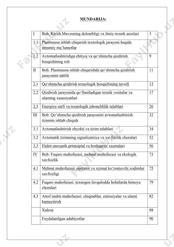 ng asosiy maqsadi — plastmassa ishlab chiqarishda qo‘shimcha qizdirish jarayonini avtomatik tarzda boshqarish tizimini loyihalash va uning ilmiy-texnik asoslarini ishlab chiqishdan iboratdir. bu maqsadni amalga oshirish orqali ishlab chiqarish jarayonining aniqligi, takrorlanuvchanligi va iqtisodiy samaradorligi ta’minlanadi. tadqiqotning ilmiy-texnik asosi sifatida avtomatlashtirilgan boshqaruv tizimlari, mikroprotsessorli texnologiyalar, datchiklar (sensorlar) orqali real vaqt rejimida nazorat qilish usullari, hamda signalni qayta ishlash va boshqaruv algoritmlaridan foydalaniladi. shu bilan birga, tizimda ishtirok etuvchi texnologik elementlarning o‘zaro uyg‘unligini ta’minlash uchun sistemali yondashuv va modellashtirish metodlari qo‘llaniladi. shunday qilib, ushbu mavzu ishlab chiqarish jarayonlarini raqamlashtirish va avtomatlashtirish bo‘yicha ilg‘or yo‘nalishlardan biri bo‘lib, nazariy jihatdan chuqur tahlil va amaliy jihatdan samarali yechimlarni ishlab chiqishni talab etadi. tadqiqotning maqsadi va vazifalari mazkur ishning asosiy maqsadi — plastmassa ishlab chiqarish texnologik zanjirida mavjud bo‘lgan qo‘shimcha qizdirish bosqichini avtomatik tarzda nazorat qiluvchi zamonaviy boshqaruv tizimini ishlab chiqishdan iborat. bunday tizim texnologik jarayonlarning aniqligini, takrorlanuvchanligini va samaradorligini oshirishga xizmat qiladi. ushbu maqsadni …
