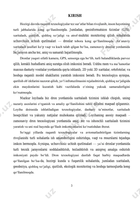 qariladigan uchish qurilmalari bo‘lib, ingliz tilida ular uav (unmanned aerial vehicle) yoki uas (unmanned aerial system) nomlari bilan ataladi. dron texnologiyasi avvalboshdan harbiy maqsadlarda razvedka, kuzatuv va nishonni aniqlash uchun ishlab chiqilgan bo‘lsa-da, keyingi yillarda u fuqaro sohalarida keng tarqaldi. ayniqsa, raqamli tasvirga olish, xaritalash, geodeziya, ekologik kuzatuv, qishloq xo‘jaligi, logistika va favqulodda holatlar sohalarida dronlardan foydalanish yuqori sur’atlar bilan o‘sib bormoqda. dronlar bir nechta asosiy qismlardan tashkil topadi: korpus va parvoz tizimi (motor, propeller, stabilizator) kamera yoki multispektral sensorlar gps moduli va inertial navigatsiya tizimi (imu) avtopilot va boshqaruv tizimi zaryadga quvvatlanadigan batareya tizimi ma’lumotlarni uzatish va saqlash tizimi dronlarning turlari: dronlar tuzilishi va funksional imkoniyatlariga ko‘ra bir nechta guruhlarga bo‘linadi: kvadrakopter (4 qanotli) – ayniqsa, xaritalash va suratga olish ishlari uchun eng ko‘p ishlatiladigan model. harakatchanligi yuqori, lekin parvoz vaqti nisbatan qisqa. 6 multirotor (6 yoki 8 qanotli) – yuk ko‘tarish salohiyati yuqori, ko‘proq professional ishlarda qo‘llaniladi. qanotli …