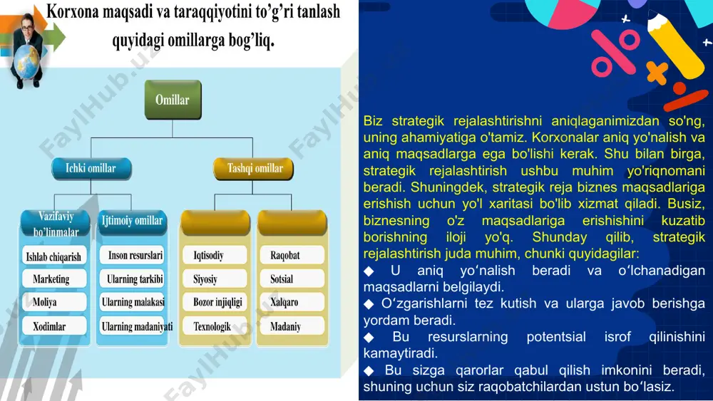 p menejerlarning yordami kerak bo‘ladi. top menejerlar kuchli analitik hamda rejalashtiruvchi mutaxassislar hisoblanadi.strategik menejmentning beshta vazifasi mavjud. korxona strategiyasini yaratish o‘zaro bog‘liq 5 ta qismdan iborat: tijorat faoliyatining turini aniqlash va korxona rivojlanishining yo‘nalishini belgilash, ya’ni maqsadni aniqlab o‘zoq muddatli istiqbolni belgilash; 2) umumiy maqsadlarni ishning aniq yo‘nalishlariga aylantirish; 3) ko‘zlangan ko‘rsatkichlarga erishish uchun tanlangan rejani mohirona amalga oshirish; 4) tanlangan strategiyani samarali ijro etish; korxona strategiyasining asosiy masalasi quyidagicha: “korxonamizni biz qanday tasavvur qilamiz, nima qilmoqchimiz va nimaga erishmoqchimiz?”, “biz kimmiz, nima qilyapmiz va qayoqqa ketyapmiz?” degan savolning javobi korxonaning yo‘nalishini belgilab, kuchli o‘ziga xoslikni ishlab chiqish imkonini beradi. korxona nima qilayotgani va nima qilmoqchi ekanligi kompaniyaning missiyasini anglatadi. menejer o‘z korxonasining bozordagi o‘rnini qanday tasavvur qilishi esa korxonaning strategik ko‘rishini shakllantiradi.demak, strategik boshqaruvni tashkilotning asosi sifatida inson potensialiga suyanuvchi, ishlab chiqarish faoliyatini iste’molchilar talablariga yo‘naltiruvchi, tashkilotda egiluvchan boshqaruv va o‘z vaqtida o‘zgarishlarni amalga oshiruvchi boshqaruv sifatida aniqlash mumkin. …