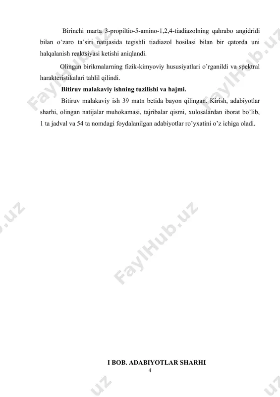 roilimino) pirazino-[3,2-v]-1,2,4-tiadiazollar sintez qilingan [23,24]: arilmochevinalar va aroilizotiomochevinalarning o’zaro ta’sirlashishidan tegishli 1-aroil-5-tiodimochevinalar hosil bo’ladi. ularning oksidlanishi esa 2-aril-5-aroilamino-2,3-digidro-1,2,4-tiadiazolin-3-onlar hosil bo’lishiga olib keladi [25]. benzimidoksim va fenilizotiotsianatlarni o’zaro tasiridan 5-fenil-amino-3-fenil-1,2,4-tiadiazol hosil bo’ladi [19]. bu reaktsiya dastlab benzimidoksimning feniltiomochevinali hosilasi sodir bo’ladi [26,27]: 5-amino-1,2,4-tiadiazollar va ularning aminoguruhida o’rinbosarlar bor hosilalari amidinotiomochevina va almashingan amidinotio-mochevinalarning oksidlanishidan hosil bo’lishi mumkin. masalan; ditsiandiimidga vodorod sulfid ta’sirida olingan amidinotiomochevina yod yoki vodorod peroksid bilan ishlanganda oksidlanib 3,5-diamino-1,2,4-tiadiazolni hosil qiladi [28]: shu kabi n-alkil-n’ - amidinotiomochevinalarni kislotali muhitda vodorod peroksid bilan ishlov berilganda yuqori unum bilan 3-amino-5-alkilamino-1,2,4-tiadiazollar hosil bo’ladi [28]: yuqoridagi usul bilan 3-va 5-holatda turli hil o’rinbosar tutgan tiadiazollar sintez qilish mumkin [29,30]: n-galogenamidinlar kaliy rodanidi bilan o’zaro tasirlanishi tegishli 1,2,4-tiadiazollarga olib keladi. bunga n-xlorformamidindan 5-amino-1,2,4-tiadiazol olinishi misol boladi [31] adabiyotda n-xlorformamidin bilan ishlash havfli bo’lgani uchun, uning o’rniga formamidin xlorgidratni ishlatish mumkinligi ko’rsatilgan. bunda uni natriy metilati, brom va kaliy rodanidi bilan o’zaro tasirlashuvidan 3-metil-5-amino-1,2,4-tiadiazollar …