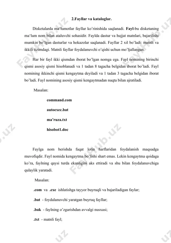i ichki kataloglarda fayllar va 2-bosqich kataloglari qayd etiladi va xokazo. natijada magnitli disketada kataloglar va fayllarning daraxtsimon to’zilishi hosil bo’ladi. foydalanuvchi shu daqiqada ishlab turgan disk joriy disk deyiladi. masalan, foydalanuvchi vinchester bilan ishlab turgan bo’lsa, qattiq magnitli disk c: joriy hisoblanadi. foydalanuvchi kichiq egiluvchan magnitli disketa bilan ishlab turgan bo’lsa, shu kichiq magnitli disketa a: yoki b: joriy disketa hisoblanadi. ms dos operatsion tizimi foydalanuvchi so’rayotgan fayllarni joriy disketadan qidiradi. joriy diskni o’zgartirish uchun ms dos ning maxsus komandalaridan foydalaniladi. foydalanuvchi ishlayotgan laxzadagi katalog joriy katalog deb ataladi. agar ms dos komandasida faylning nomi ko’rsatilsa , u holda bu fayl joriy katalogdan qidiriladi yoki joriy katalogda tashkil etiladi. agarda foydalanuvchiga zarur bo’lgan fayl joriy katalogda bo’lmasa, u holda kerakli faylning qaysi katalogda joylashganini ko’rsatish lozim. buning uchun faylgacha bo’lgan yo’l ko’rsatiladi. faylgacha bo’lgan yo’l “\” belgi bilan ajratilgan kataloglar yoki “..” belgilar ketma-ketligidir. bu yo’l tub yoki joriy …