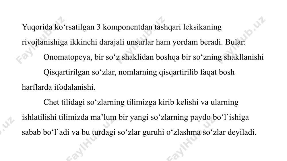 ilgan so‘zlar orasida otlar (sartarosh, bazm, barg), sifatlar (badbo‘y, badjahl, ozoda), ravishlar (banogoh, do‘stona, tez), bog‘lovchilar (chunki, yoki, agar), yuklamalar (xo‘sh, xuddi), modal so‘zlar (chunonchi, binobarin), undovlar (balli, dod) uchraydi. fors-tojik tillaridan o‘zlashtirilgan so‘zlarda: 1. so‘z oxirida undosh tovushlarning qatorlashib kelishi ancha keng tarqalgan: g‘isht, go‘sht; 2. kuchsiz lablangan o unlisi so‘zning barcha bo‘g‘inlarida qo‘llaniladi: ohang, nobud, bahor. shuningdek, fors-tojik tilidan o‘zbek tiliga bir qator prefiks va suffiks o‘zlashgan: prefikslar -be-, ba-, no-, ham-, kam-; suffikslar: -kor, -zor, -xo‘r, -parvar, -kash, -paz va boshqalar. ular dastlab fors-tojik so‘zlari tarkibida qo‘llangan, keyinchalik o‘zbek tilining so‘z yasovchi affikslarning qatoridan o‘rin olib, yangi so‘zlarning yasalishida ishtirok etgan: kamsuqum, bebosh, barkamol, hamyurt. jamolxonov h. hozirgi o‘zbek adabiy tili. toshkent, 2010. arab tilidan o‘zlashtirilgan so‘zlar bunday so‘zlarning o‘zlashtirilishi viii asrdan boshlanib, ix-x asrlarda ancha faollashgan. arab tilidan so‘z o‘zlashtirishga olib kelgan omillar ichida quyidagilar muhim rol o‘ynagan: 1. arablar istilosi; 2. islom dinining keng tarqalishi; …