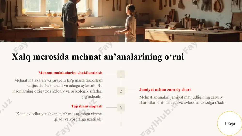 mas'uliyat va intizom hissini rivojlantirish. jamoaviylik jamoada ishlash ko'nikmalarini shakllantirish. ijodkorlik ijodkorlik va tashabbuskorlikni rivojlantirish. 16 mehnat an'analarini saqlash usullari: ta'lim muassasalarida 1 maxsus kurslar maktab va oliy ta'lim dasturlariga mehnat an'analarini o'rgatish bo'yicha maxsus kurslar kiritish. 2 ustaxonalar an'anaviy hunarmandchilik ustaxonalarini tashkil etish. 3 uchrashuvlar o'quvchilar uchun mahalliy ustalar bilan uchrashuvlar va master-klasslar o'tkazish. 4 amaliy mashg'ulotlar an'anaviy mehnat turlarini amaliy o'rganish imkoniyatlarini yaratish. 17 mehnat an'analarini saqlash usullari: oilada oilaviy an'analar ota-onalar farzandlarini oilaviy mehnat an'analariga jalb etishlari. uy ishlari bolalarga uy ishlarida qatnashish va mas'uliyatni his qilish imkonini berish. oilaviy tadbirlar oilaviy tadbirlar va bayramlarda an'anaviy mehnat turlarini namoyish etish. 18 mehnat an'analarini saqlash usullari: jamiyatda festivallar mahalliy hokimiyat tomonidan an'anaviy hunarmandchilik festivallarini tashkil etish. yoshlar markazlari yoshlar markazlarida mehnat an'analarini o'rgatuvchi to'garaklar ochish. targ'ibot ommaviy axborot vositalari orqali mehnat an'analarining ahamiyatini targ'ib qilish. jamoat tashkilotlari jamoat tashkilotlari orqali mehnat an'analarini qo'llab-quvvatlash va rivojlantirish. 19 mehnat an'analarining …