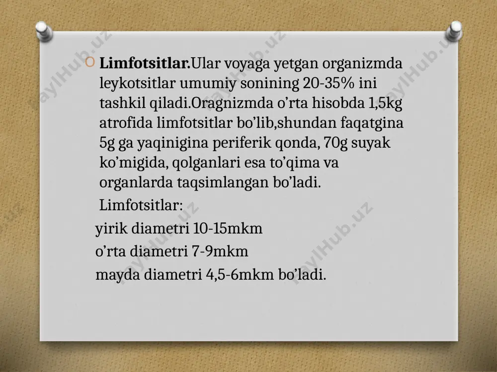 zm holatiga qarab o’zgarib turadi.periferik limfa tomirlar bir uchi berk naychani eslatadi.uning ichidagi limfa suyuqligi limfoplazmadan tashkil topgan bo’lib,qon shaklli elementlari ko’rinmaydi.limfa suyuqligi limfa tugunlaridan o’tish jarayonida limfotsitlarga boyiydi.markaziy limfa tomirlaridagi limfa suyuqligi qon shaklli elementlarini ko’p tutadi. e’tiboringiz uchun rahmat! image3.jpeg image4.png image5.png image6.png image7.png image8.png image9.png image10.png image11.png /docprops/thumbnail.jpeg