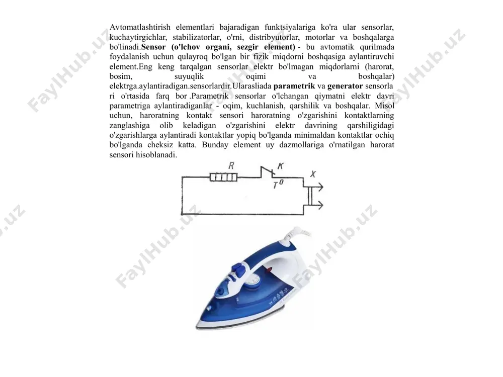 tartibga solish sxemasi sovuq dazmolda harorat o'zgarishiga sezgir bo'lgan termal kontakt yopiladi va dazmol yoqilganda, oqim isitish elementidan o'tib, uni isitadi. dazmol tagligi kontakt ish haroratiga yetganda, u ochiladi va isitish elementini tarmoqdan ajratadi. jeneratör - bu o'lchangan qiymatni emfga aylantiradigan sensor, masalan, haroratni o'lchash uchun voltmetr bilan birgalikda ishlatiladigan termojuft. bunday termojuftning uchlaridagi emf sovuq va isitiladigan birikmalar orasidagi harorat farqiga mutanosibdir. rasm 2. termojuft qurilmasi termojuftning dizayni va ishlash printsipi. termojuftning ishchi organi sezgir element bo'lib, ikkita bir -biriga o'xshash bo'lmagan termoelektrodlardan 9 iborat ular bilan bog‘liq bo‘lgan texnologik uskunalarning nomi datchiklar, tanlab olish, qabul qilish va maqsadga o‘xshash boshqa quri lmalar yaqinida ko‘rsatilishi kerak funksional avtomatlashtirish sxemalari batafsil katta yoki kam darajada ishlab chiqilishi mumkin. biroq, sxemada taqdim etilgan ma’lumotlar miqdori ushbu texnologik jarayonni avtomatlashtirish uchun qabul qilingan asosiy qarorlarning to‘liq rasmini va loyiha bosqichida avtomatlashtirish qurilmalari va uskunalari, quvur qismlari, panellar va konsollar, asosiy o‘rnatish materiallari …